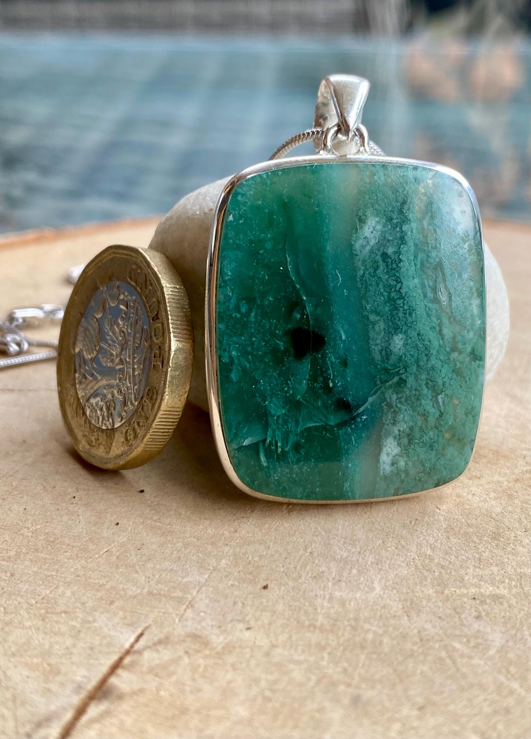 Genuine Rectangle Mtorolite Emerald Chrome Chalcedony 925 Sterling Silver Pendant