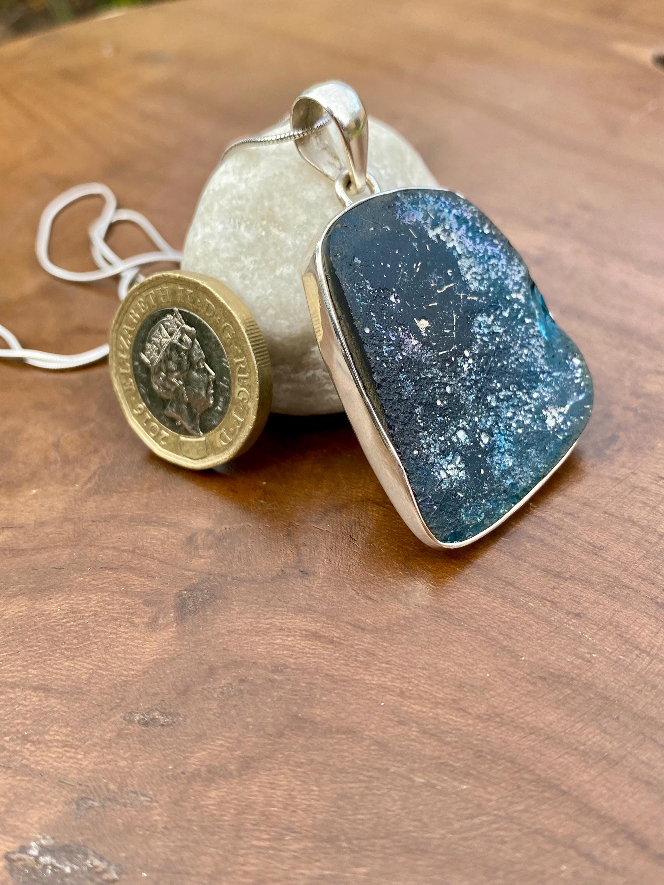 Ancient Roman Glass 925 Sterling Silver Hexagon Pendant