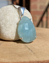 Teardrop Aquamarine Pendant: Faceted Sterling Silver, Calming Sea Blue