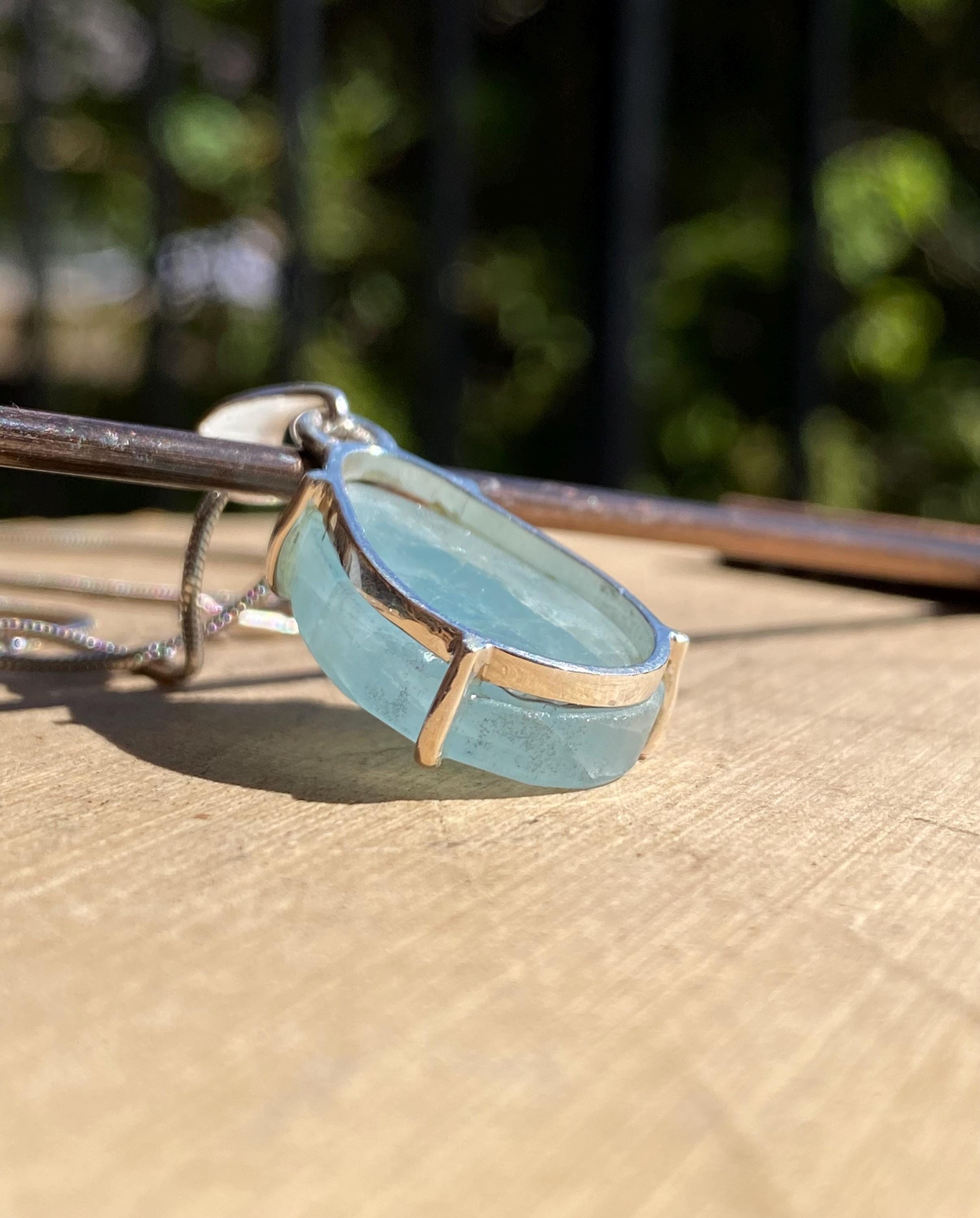 Teardrop Aquamarine Pendant: Faceted Sterling Silver, Calming Sea Blue