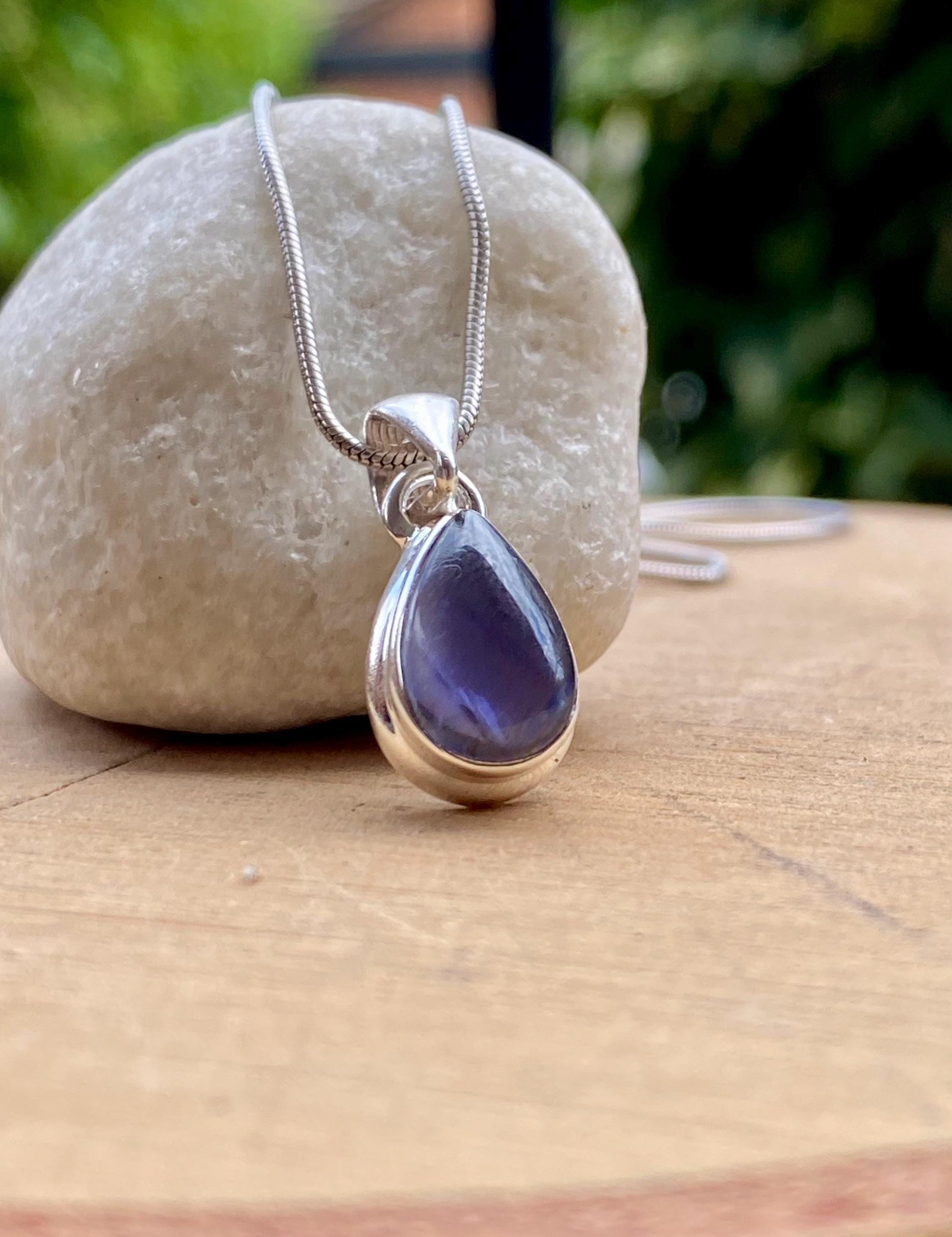 Natural Teardrop Lolite Sterling Silver Pendant