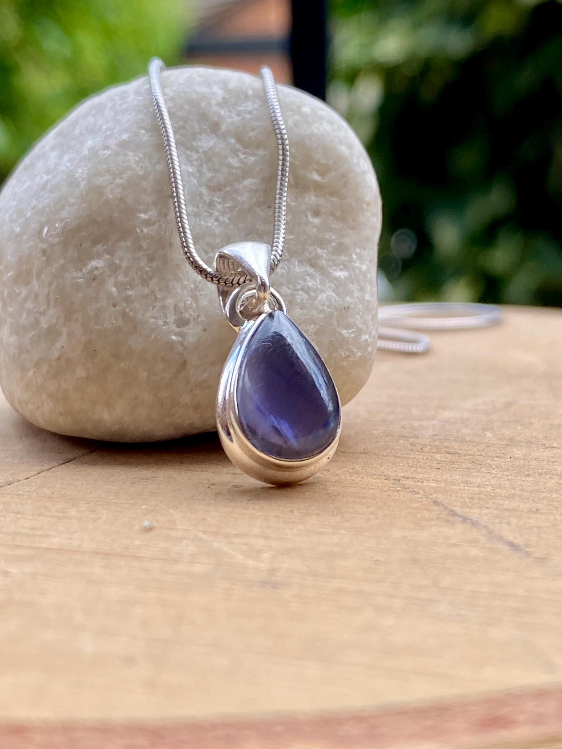 Natural Teardrop Lolite Sterling Silver Pendant