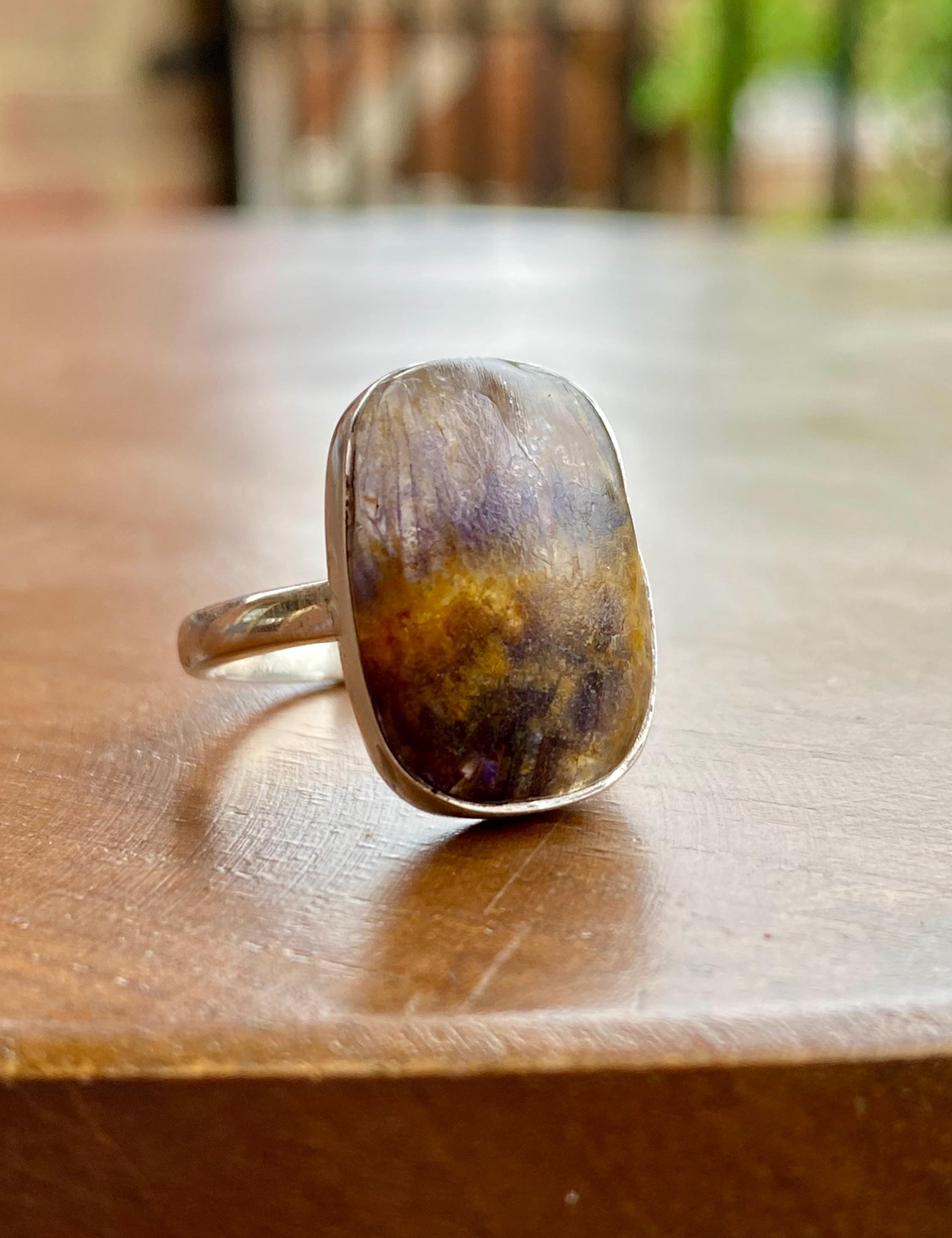 Extremely Rare Blue John 925 Sterling Silver Rectangular Ring