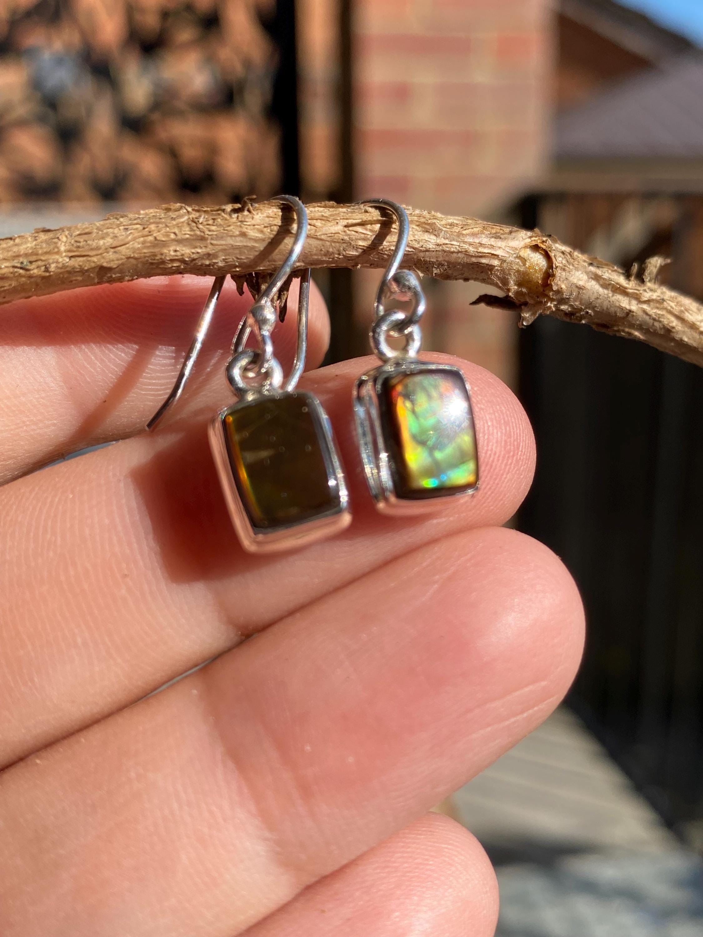 Ammolite Sterling Silver Rectangular Dangle Earrings