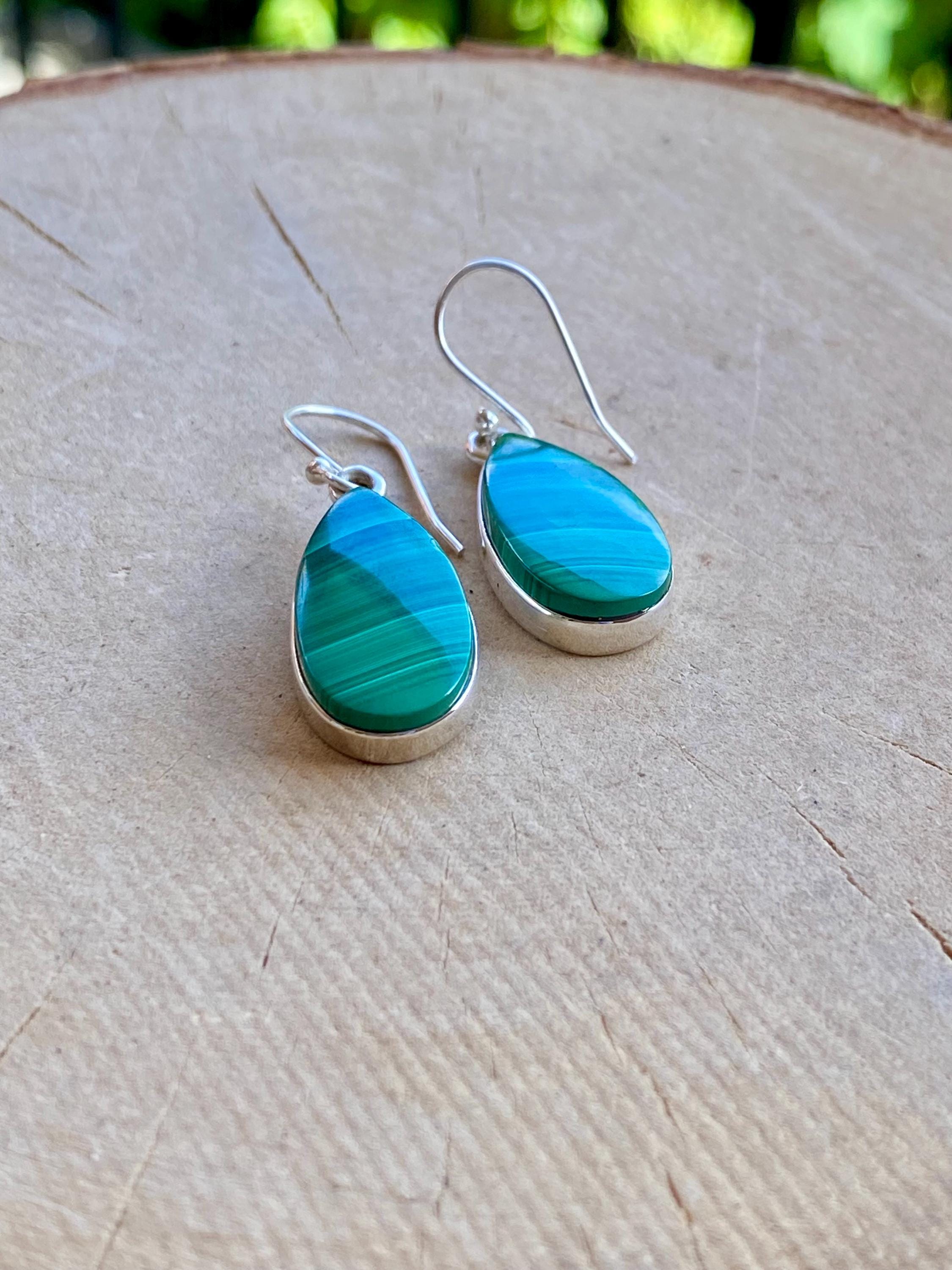 Natural Teardrop Malachite 925 Sterling Silver Dangle Earrings