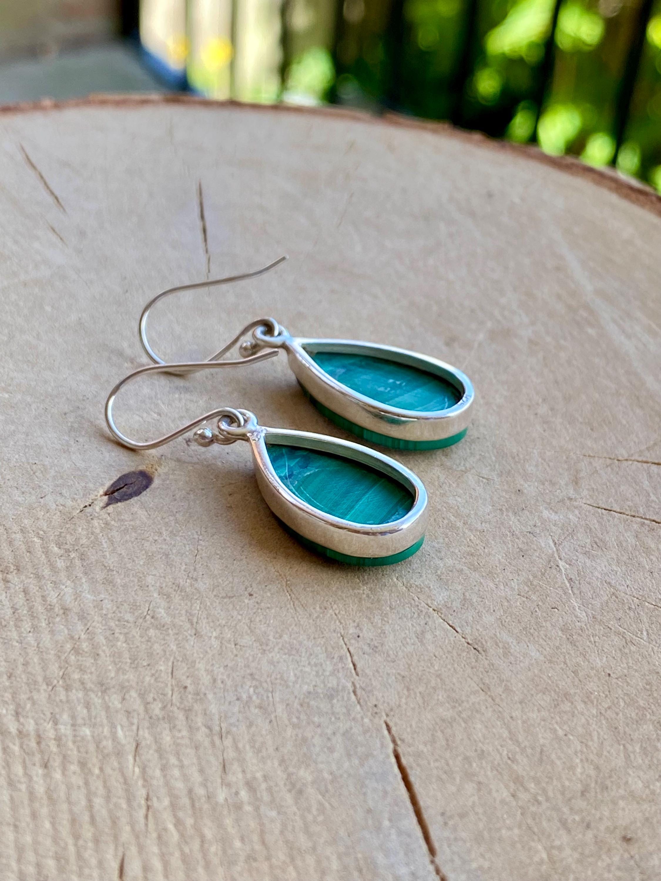 Natural Teardrop Malachite 925 Sterling Silver Dangle Earrings
