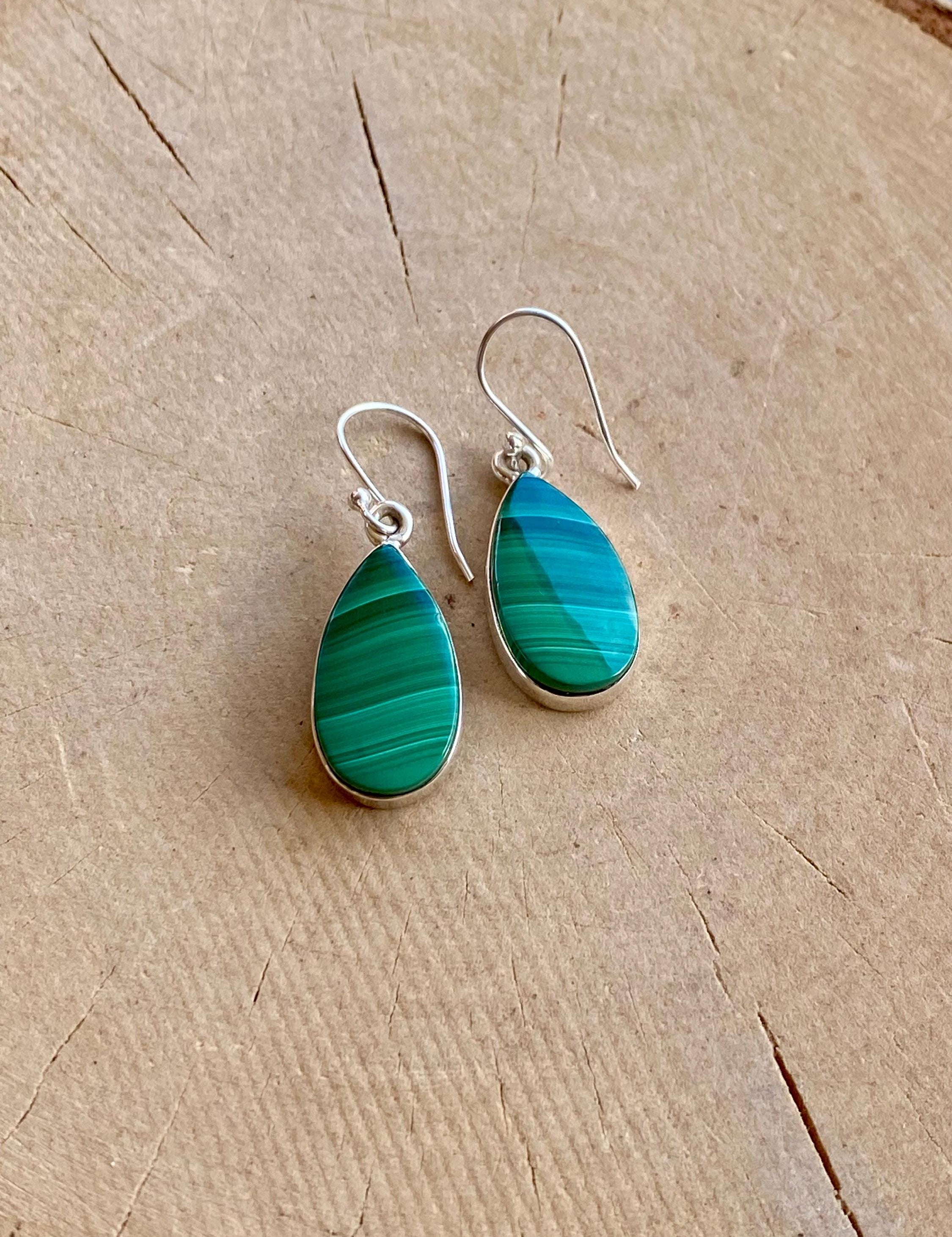 Natural Teardrop Malachite 925 Sterling Silver Dangle Earrings