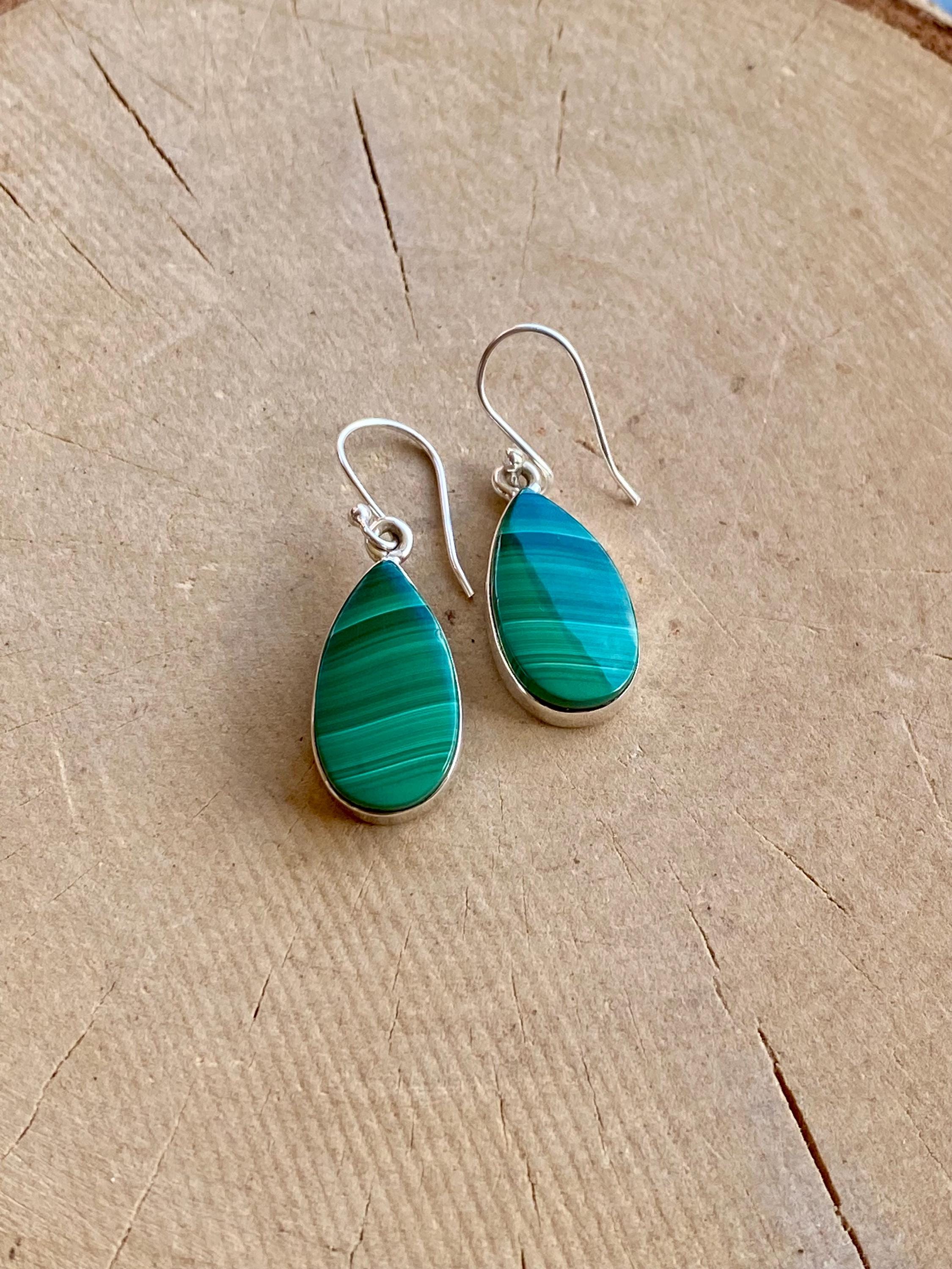 Natural Teardrop Malachite 925 Sterling Silver Dangle Earrings