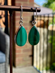Natural Teardrop Malachite 925 Sterling Silver Dangle Earrings