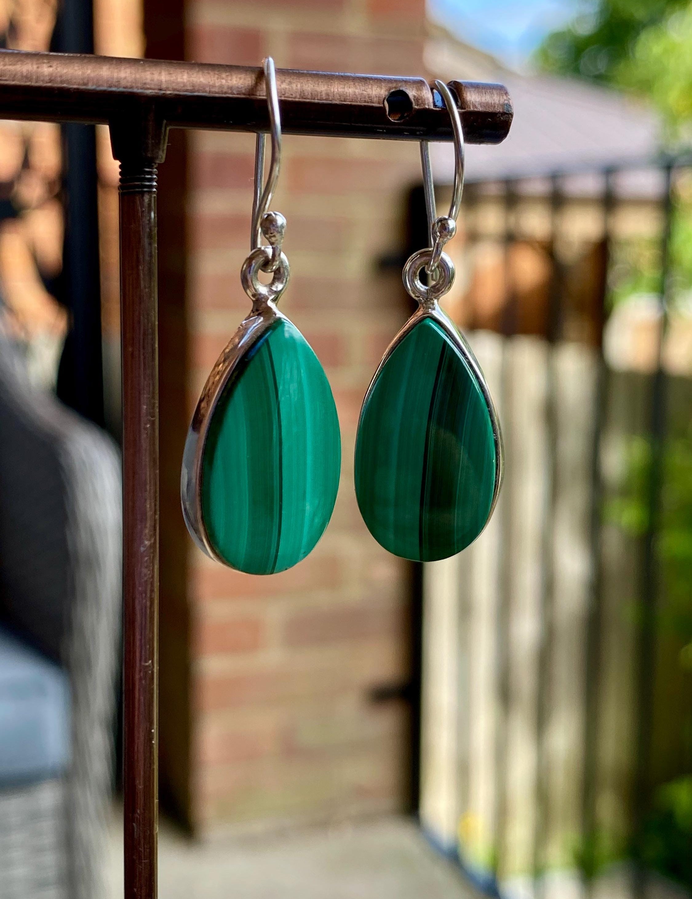 Natural Teardrop Malachite 925 Sterling Silver Dangle Earrings