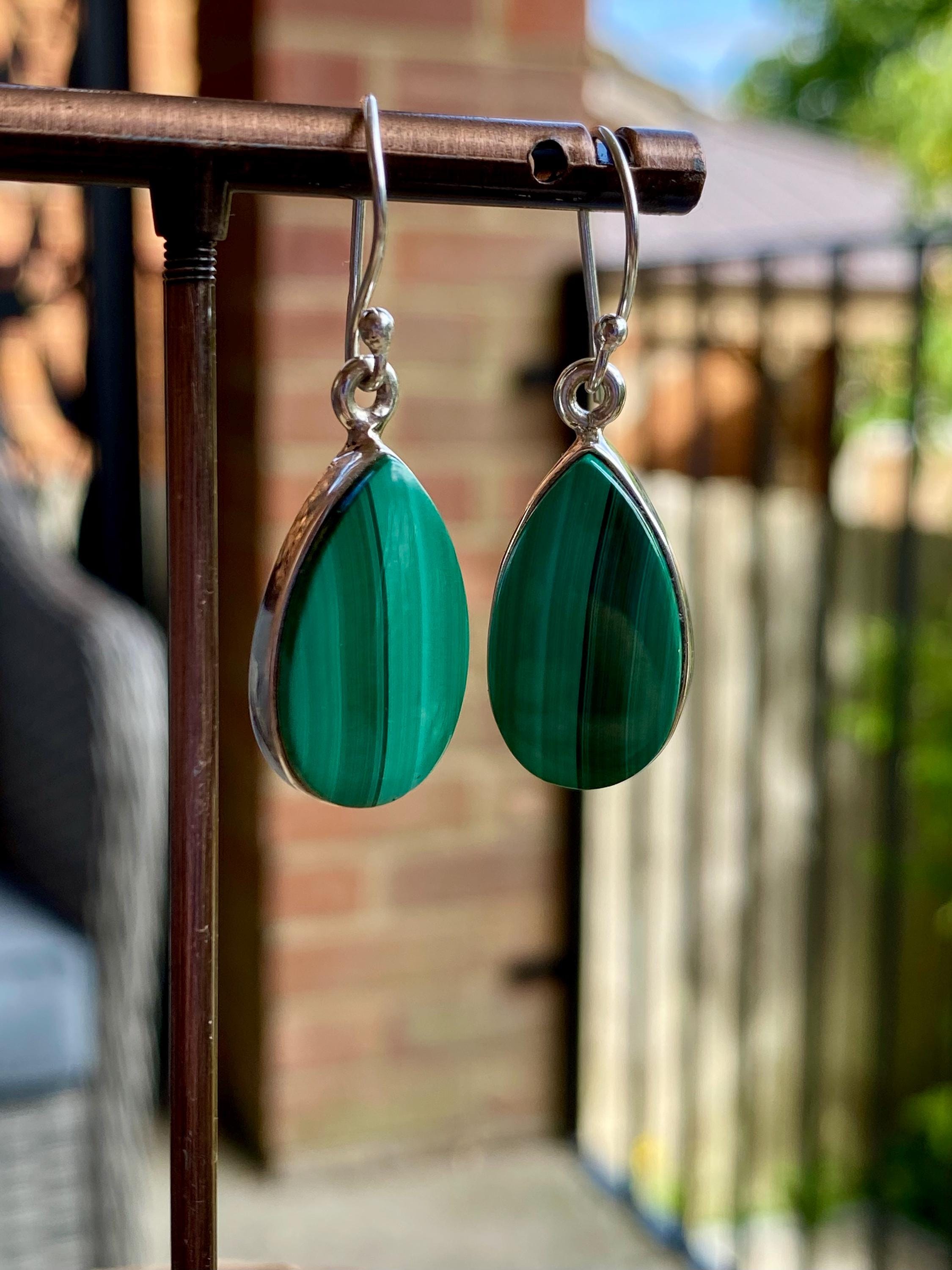 Natural Teardrop Malachite 925 Sterling Silver Dangle Earrings