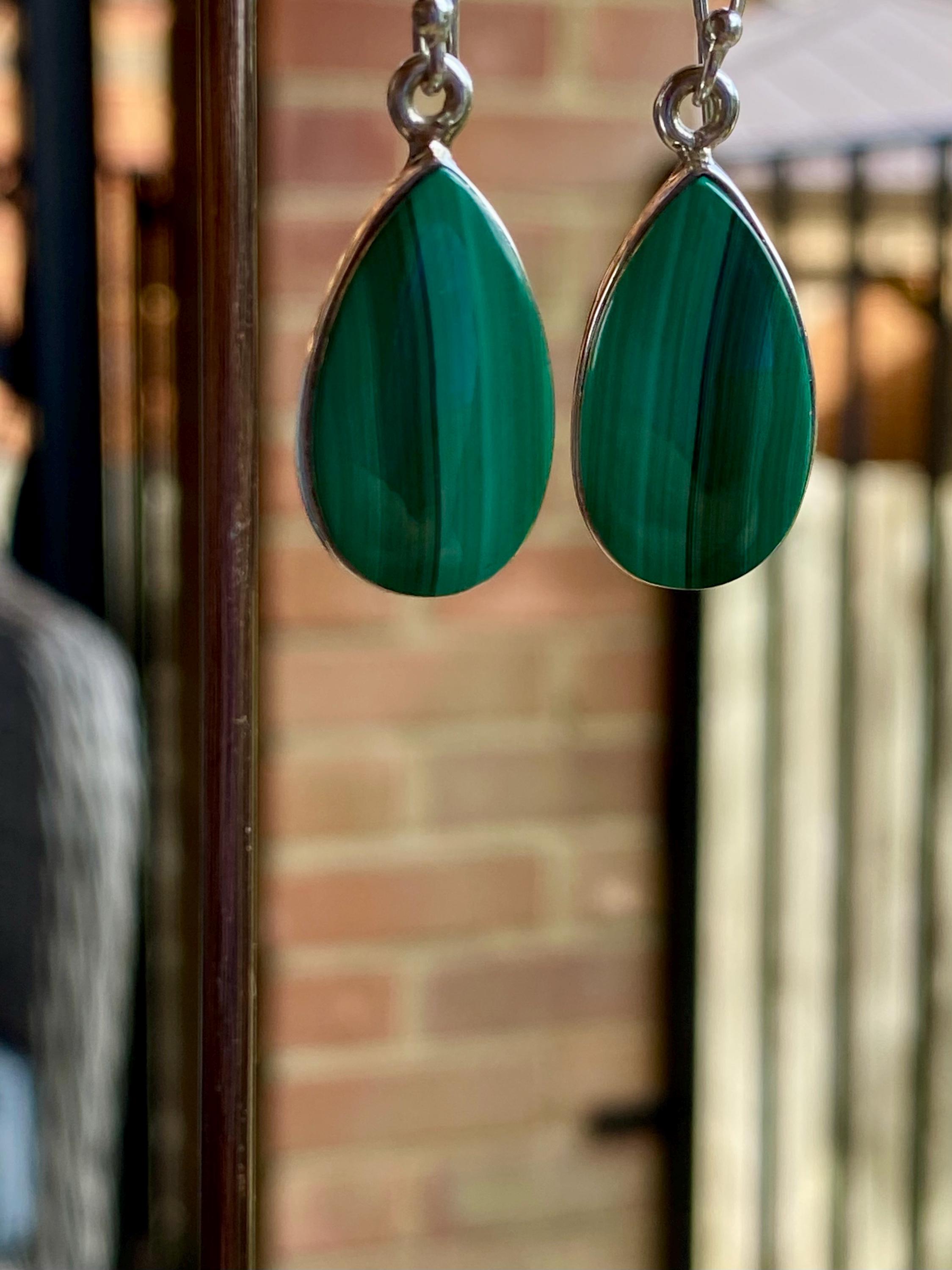 Natural Teardrop Malachite 925 Sterling Silver Dangle Earrings