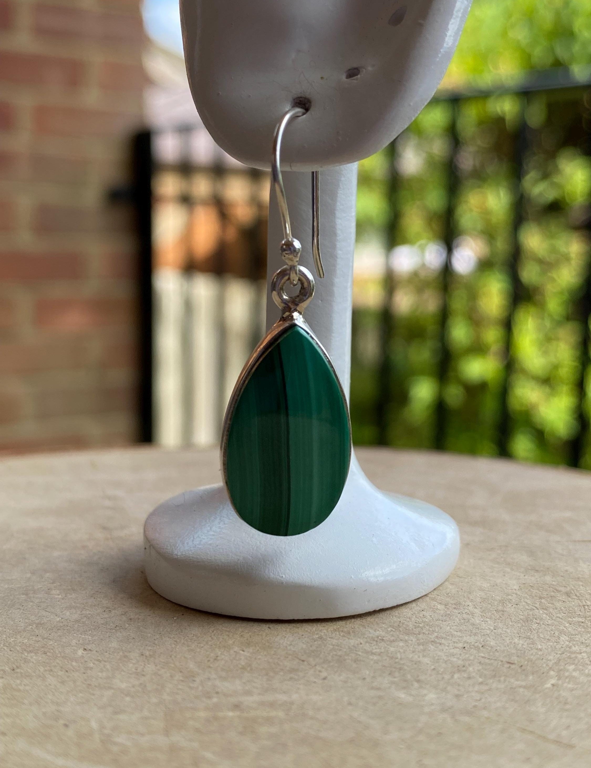 Natural Teardrop Malachite 925 Sterling Silver Dangle Earrings