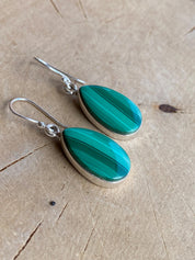 Natural Teardrop Malachite 925 Sterling Silver Dangle Earrings