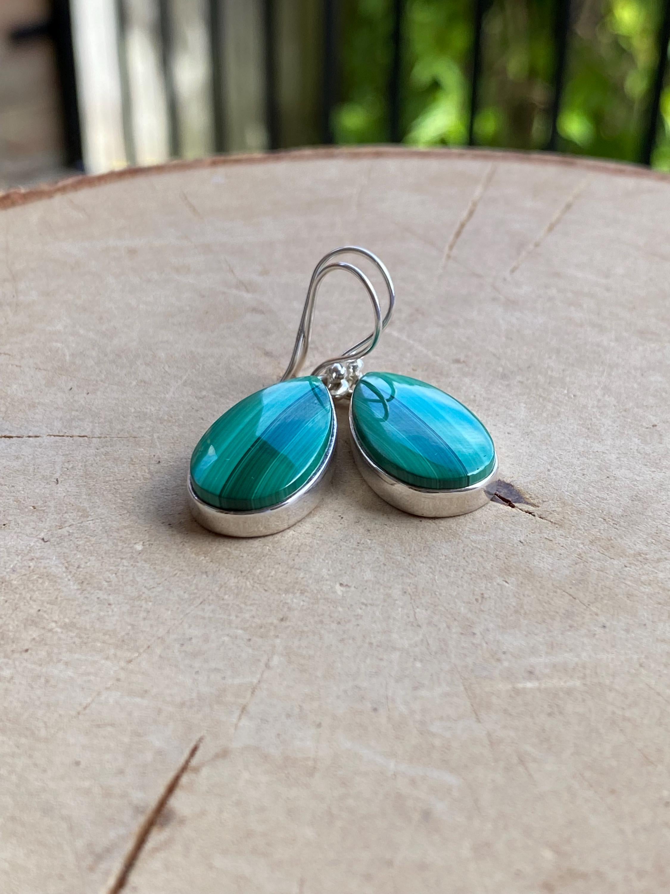 Natural Teardrop Malachite 925 Sterling Silver Dangle Earrings