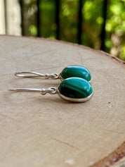 Natural Oval Malachite 925 Sterling Silver Dangle Earrings