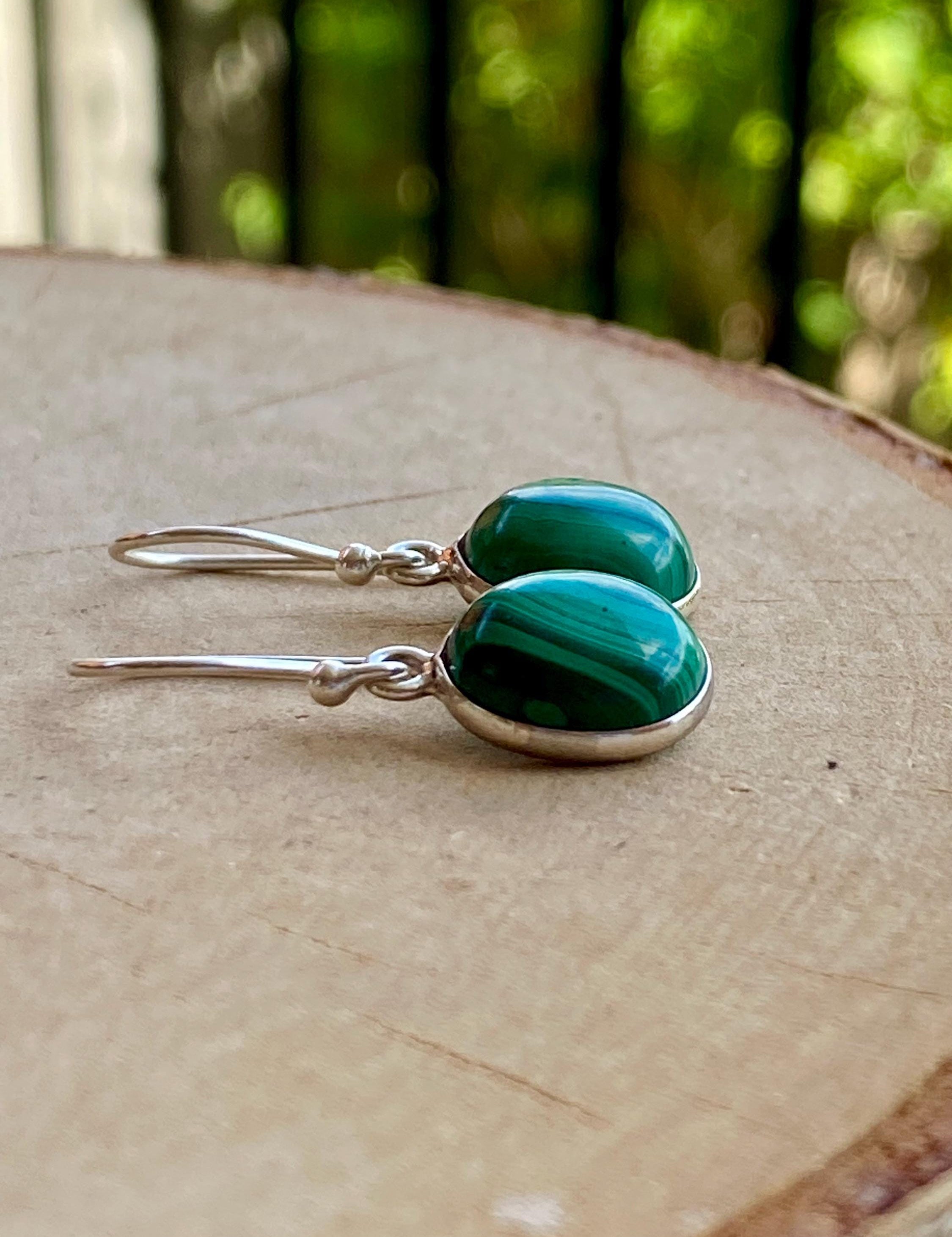 Natural Oval Malachite 925 Sterling Silver Dangle Earrings