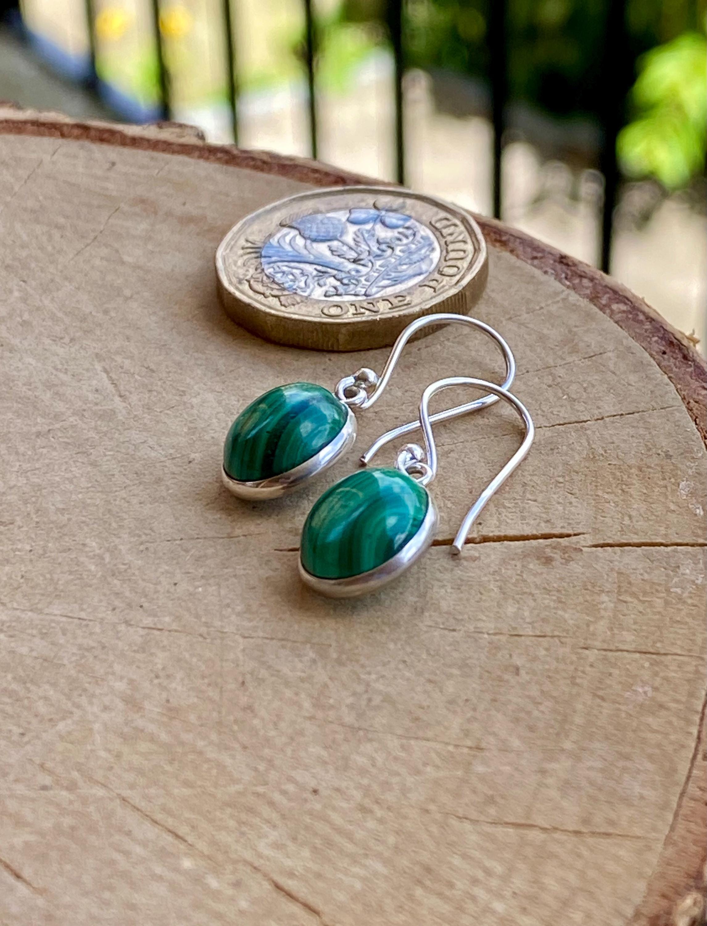Natural Oval Malachite 925 Sterling Silver Dangle Earrings