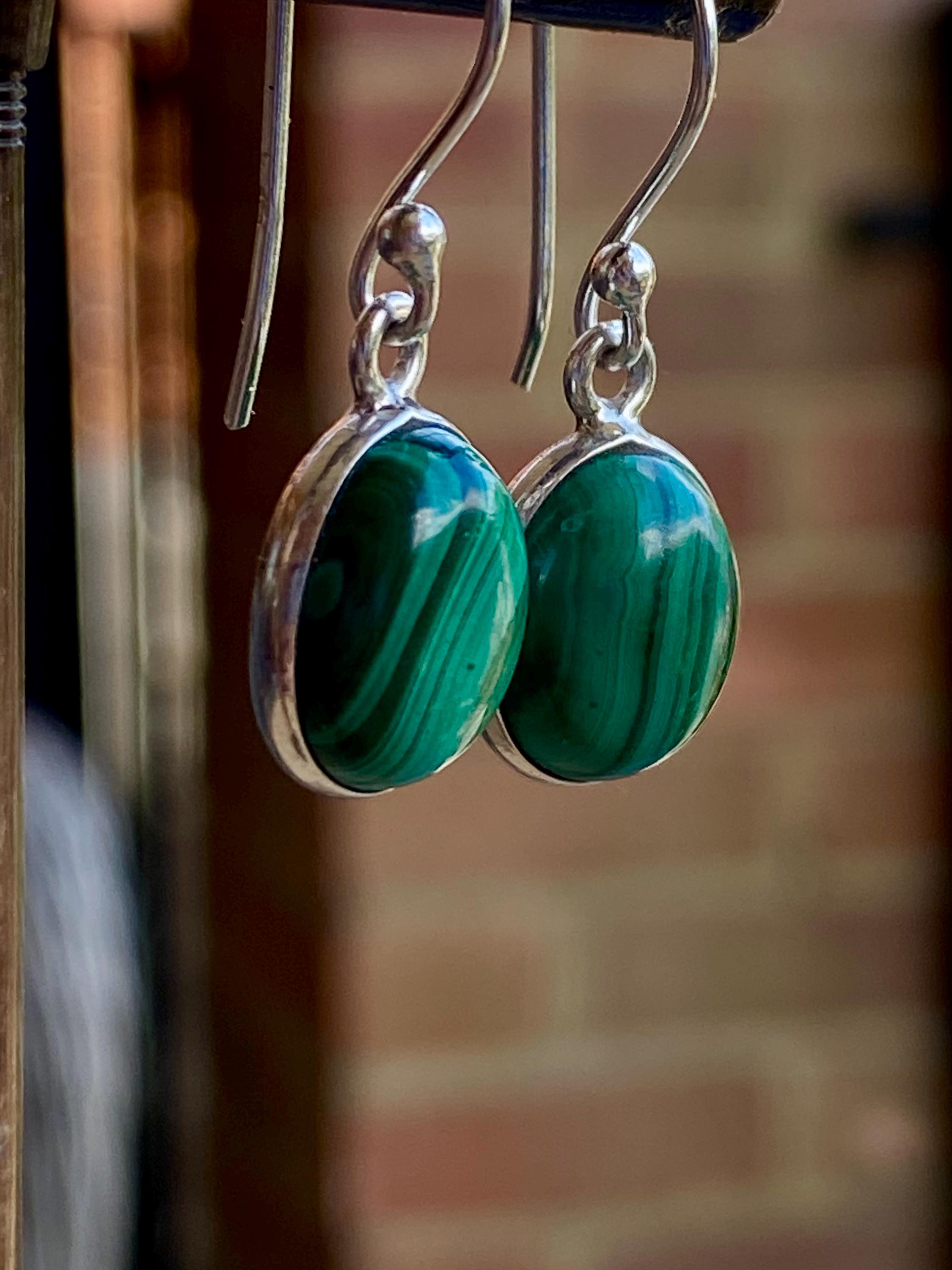 Natural Oval Malachite 925 Sterling Silver Dangle Earrings