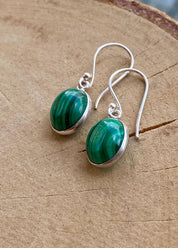 Natural Oval Malachite 925 Sterling Silver Dangle Earrings