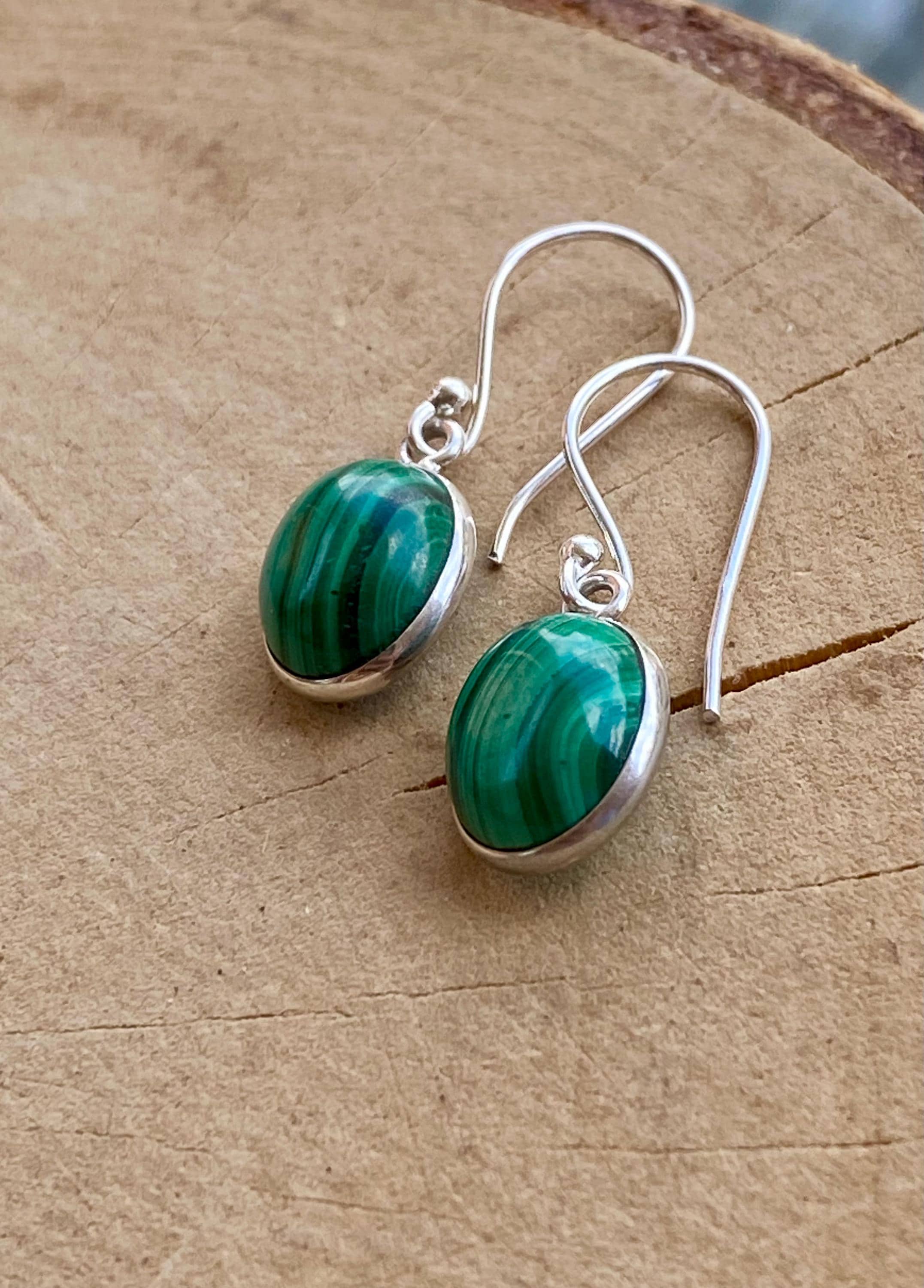 Natural Oval Malachite 925 Sterling Silver Dangle Earrings