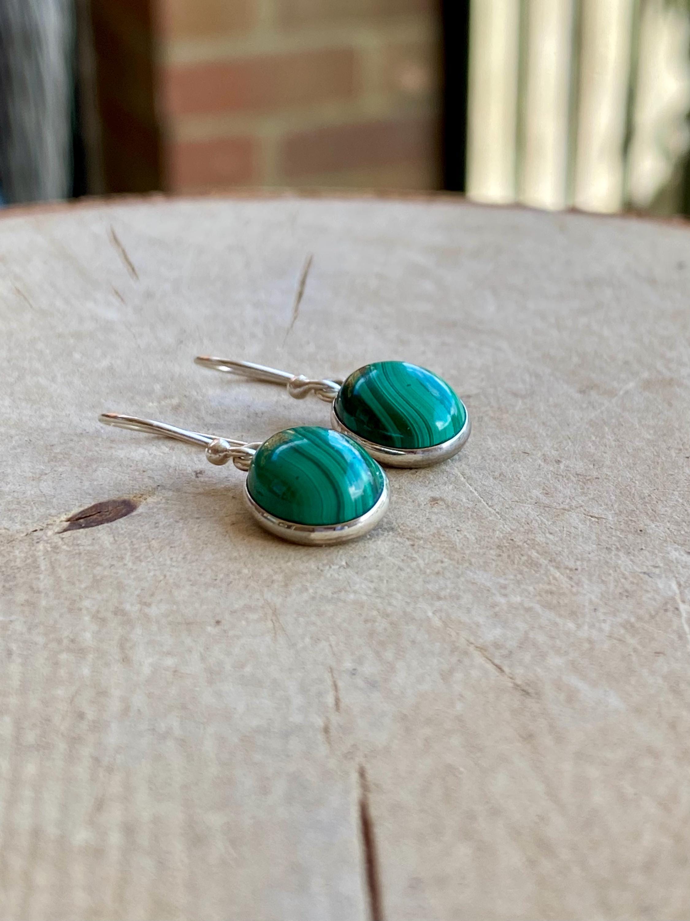 Natural Oval Malachite 925 Sterling Silver Dangle Earrings
