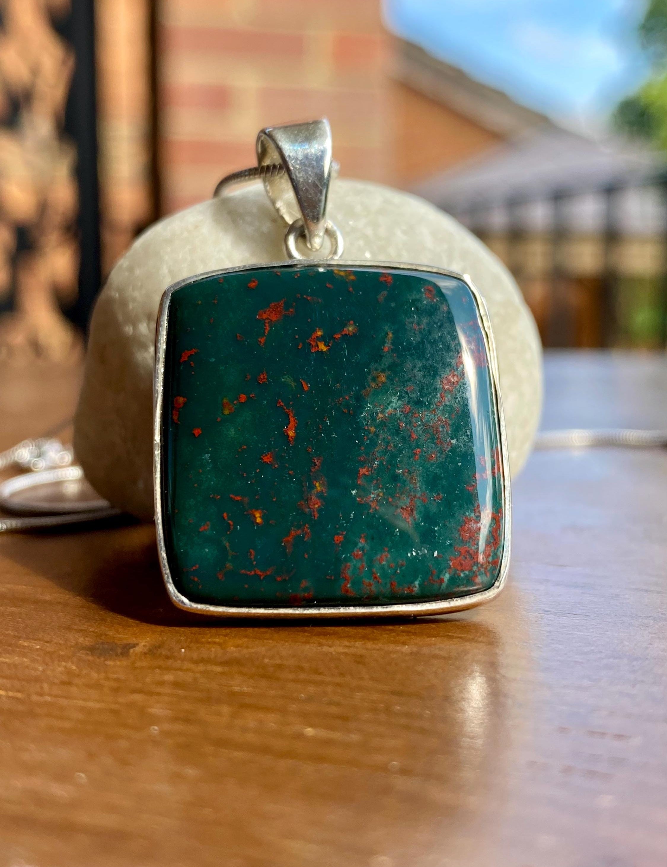 Square African Dragon Bloodstone 925 Sterling Silver Pendant