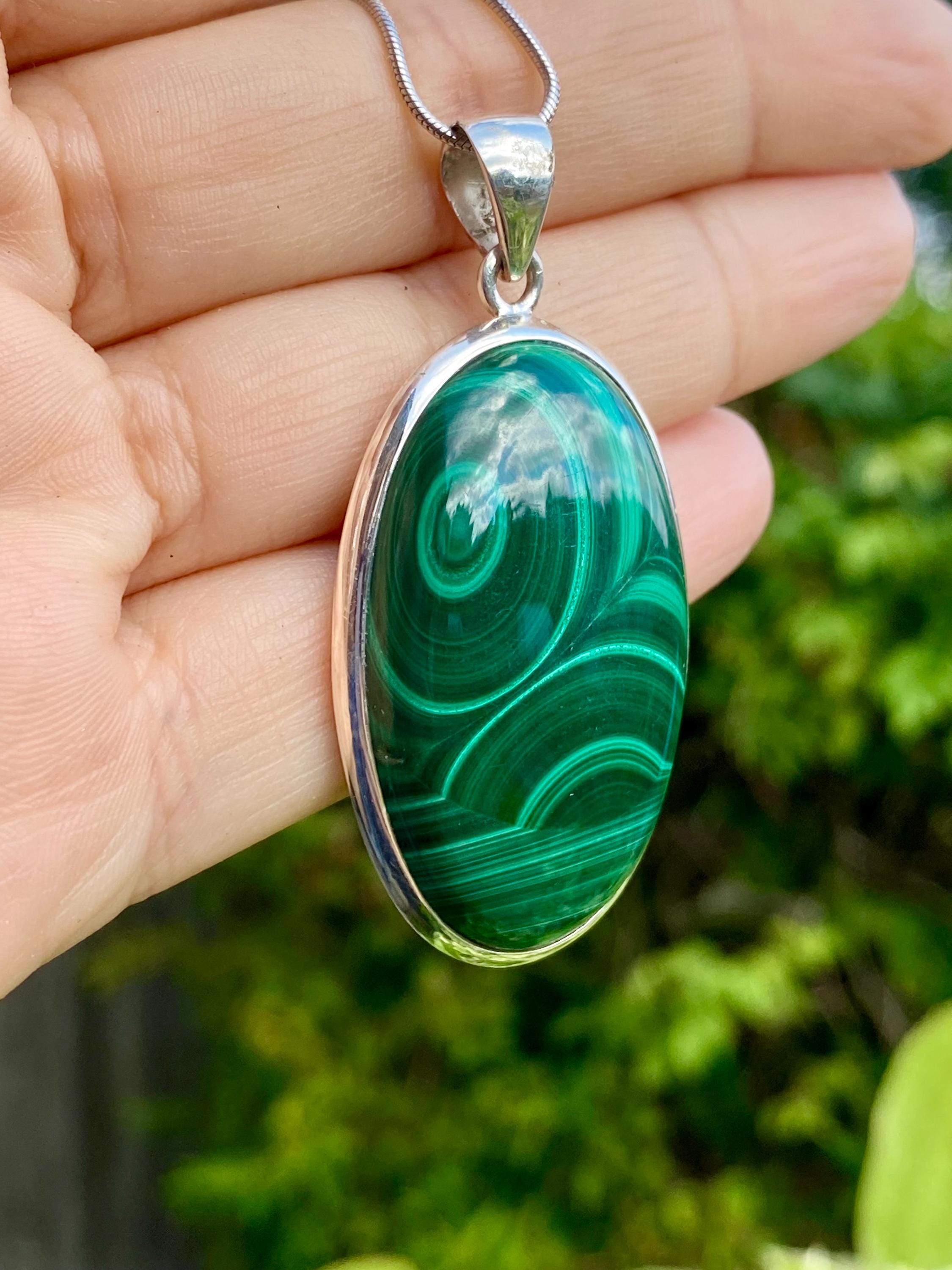 Large Malachite 925 Sterling Silver High Quality Oval Pendant