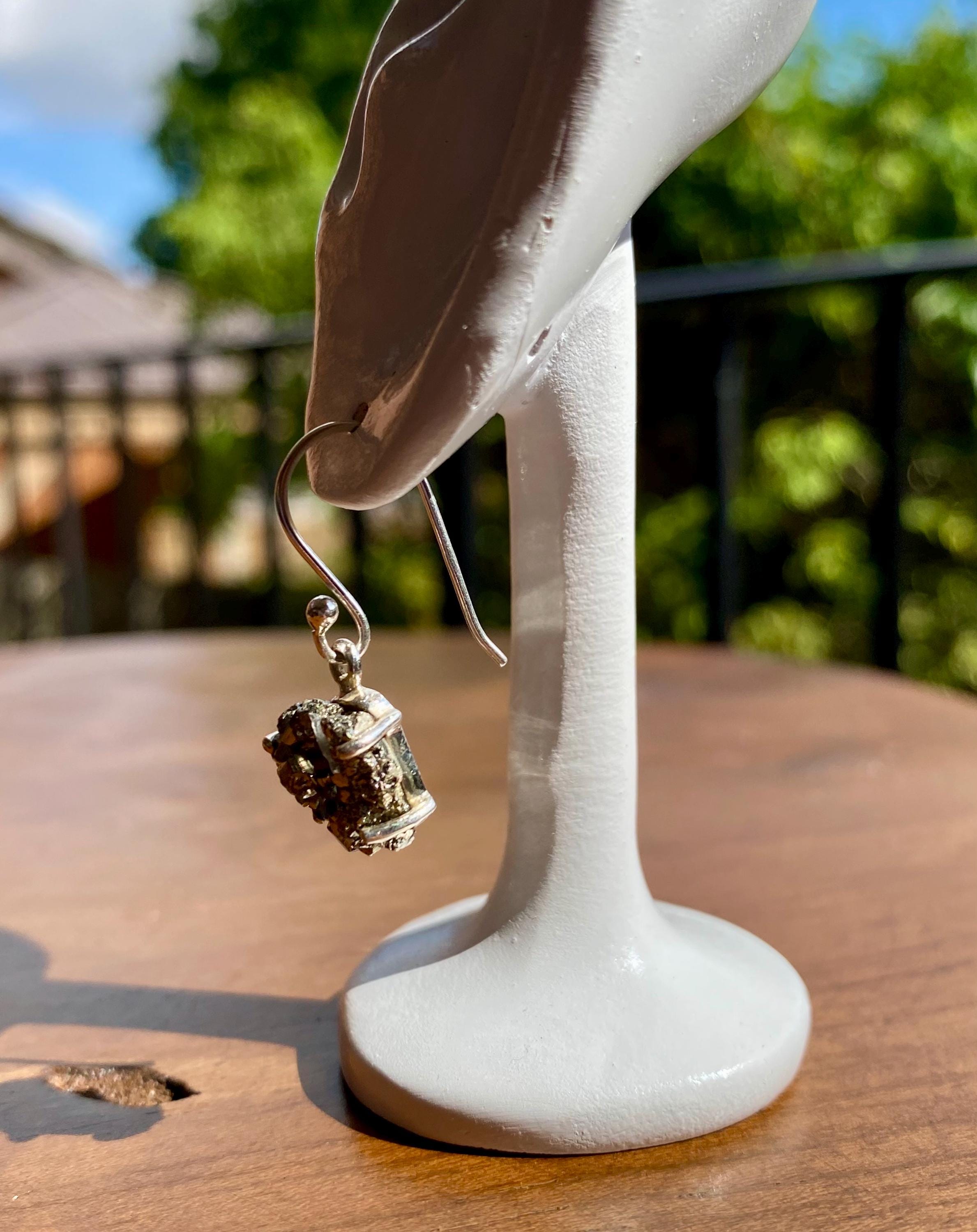 Hexagon cut Pyrite Druzy 925 Sterling Silver Dangle Earrings