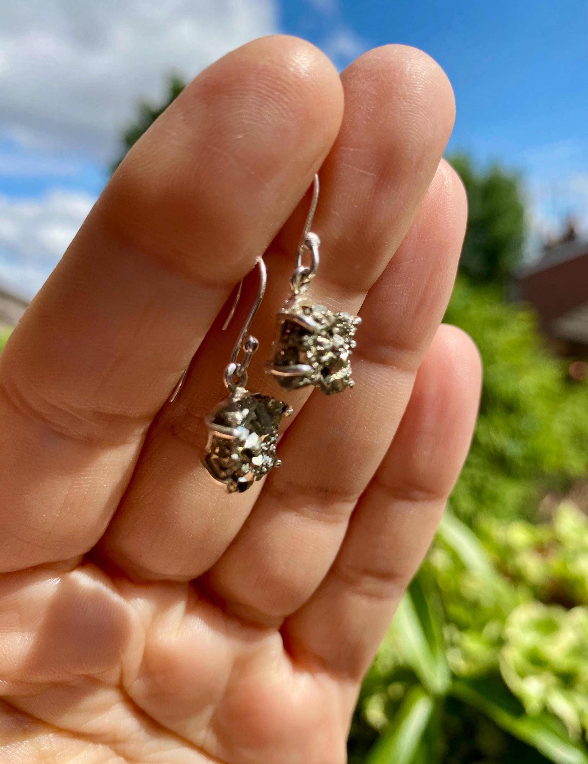 Hexagon cut Pyrite Druzy 925 Sterling Silver Dangle Earrings