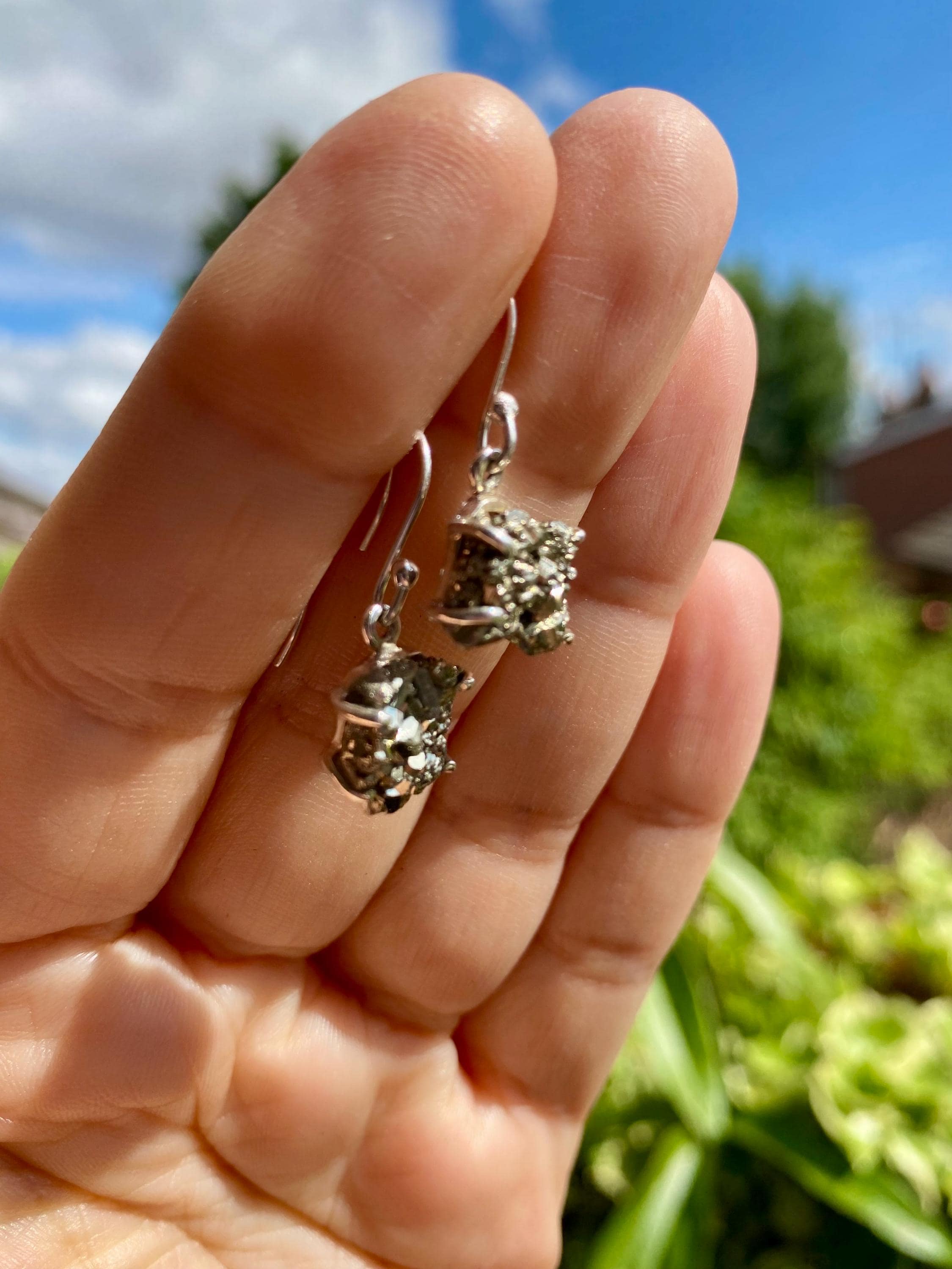 Hexagon cut Pyrite Druzy 925 Sterling Silver Dangle Earrings