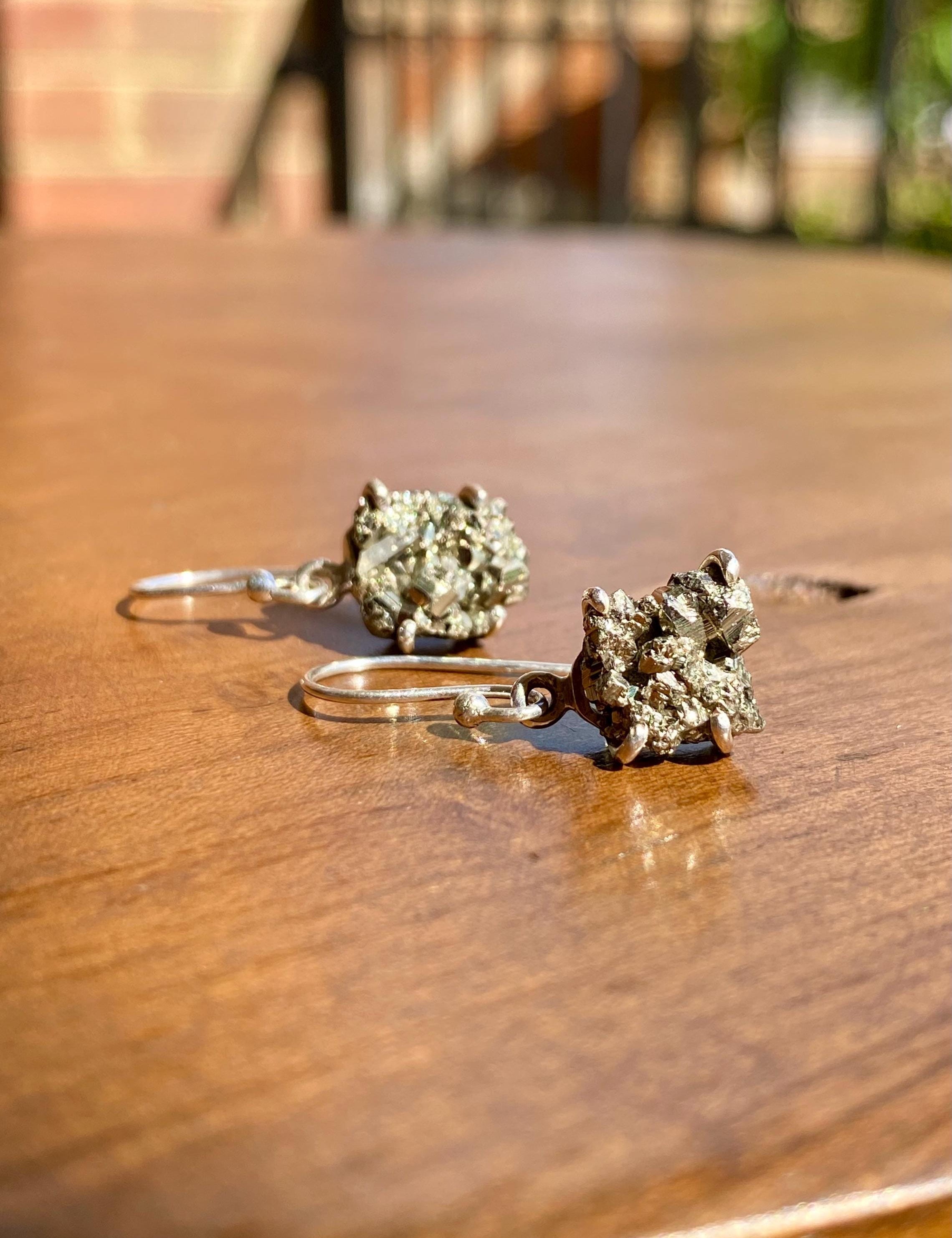 Hexagon cut Pyrite Druzy 925 Sterling Silver Dangle Earrings