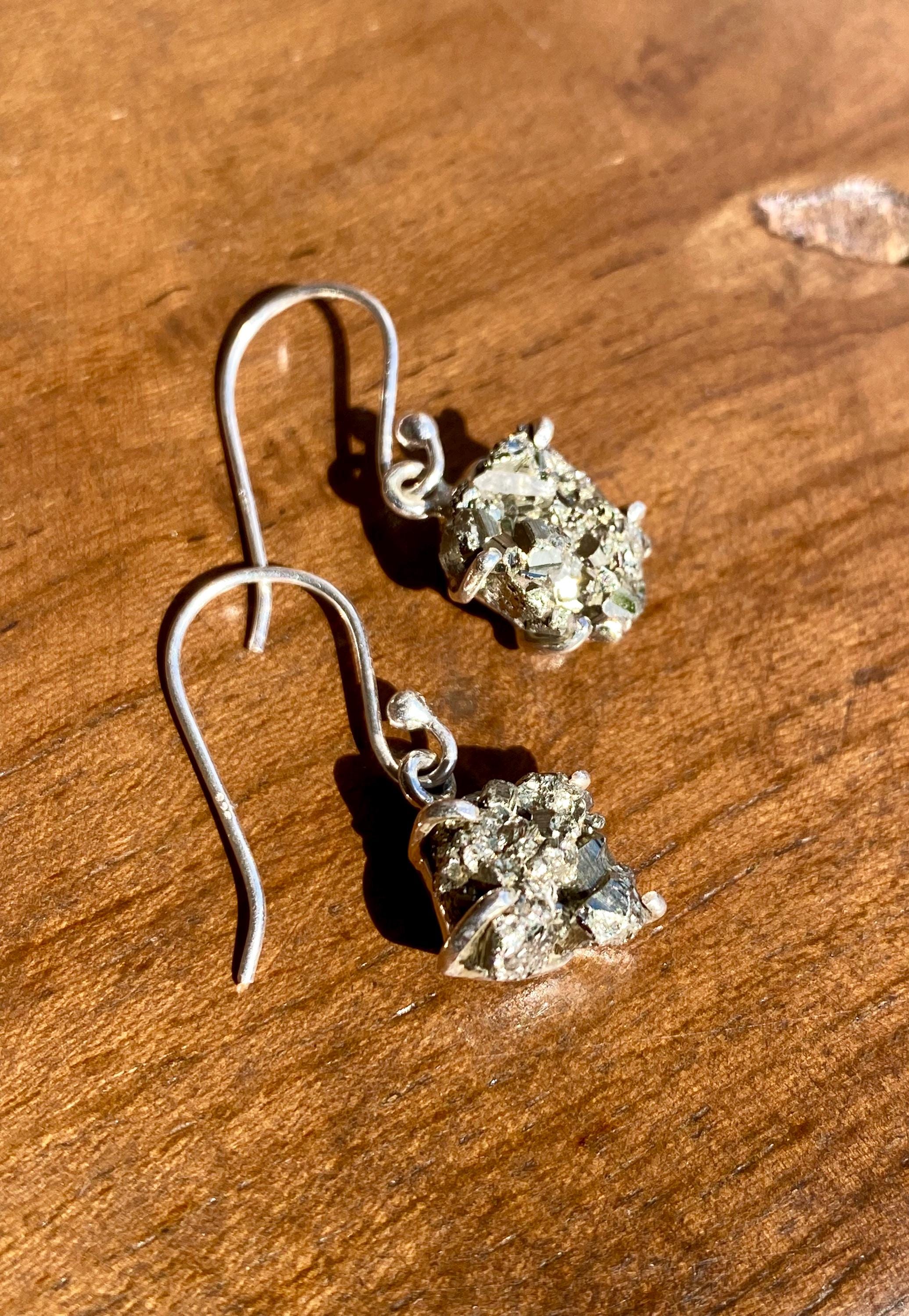 Hexagon cut Pyrite Druzy 925 Sterling Silver Dangle Earrings