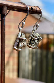 Hexagon cut Pyrite Druzy 925 Sterling Silver Dangle Earrings