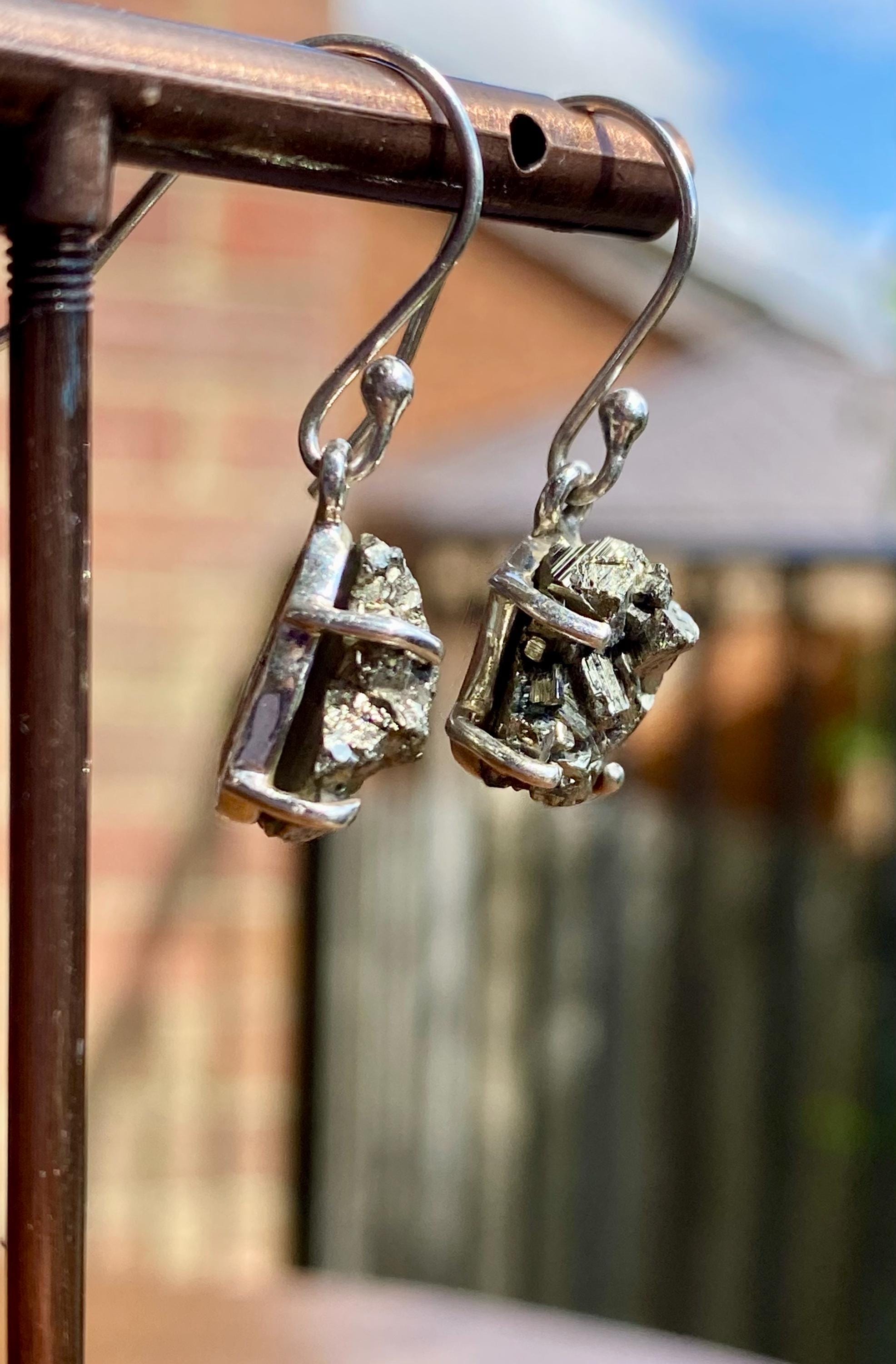 Hexagon cut Pyrite Druzy 925 Sterling Silver Dangle Earrings