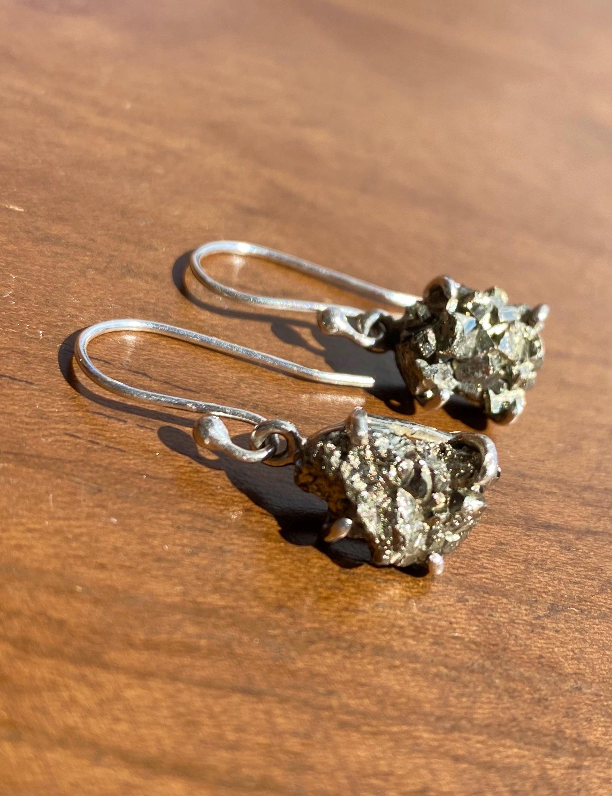 Hexagon cut Pyrite Druzy 925 Sterling Silver Dangle Earrings