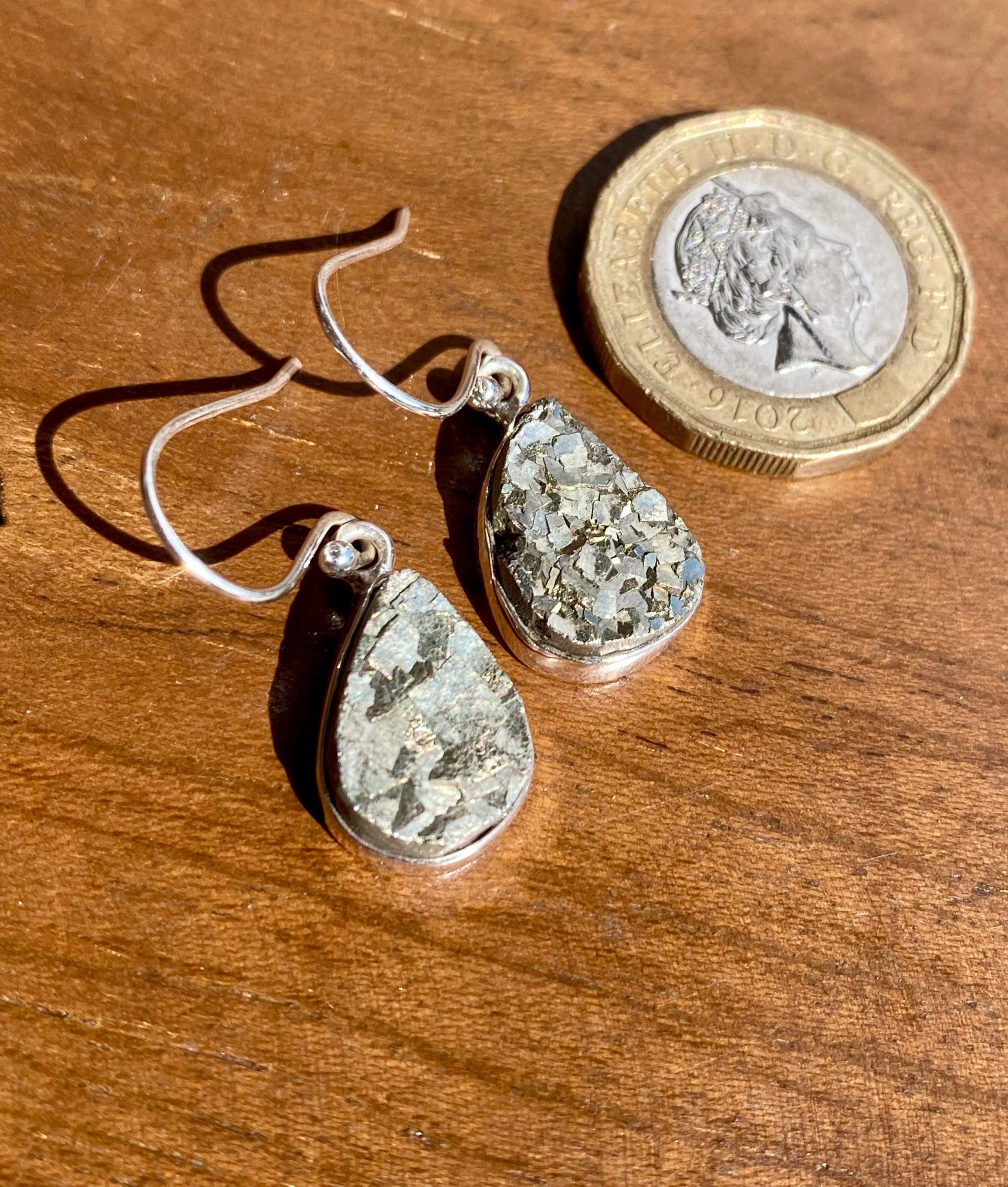 Teardrop Pyrite Druzy 925 Sterling Silver Dangle Earrings