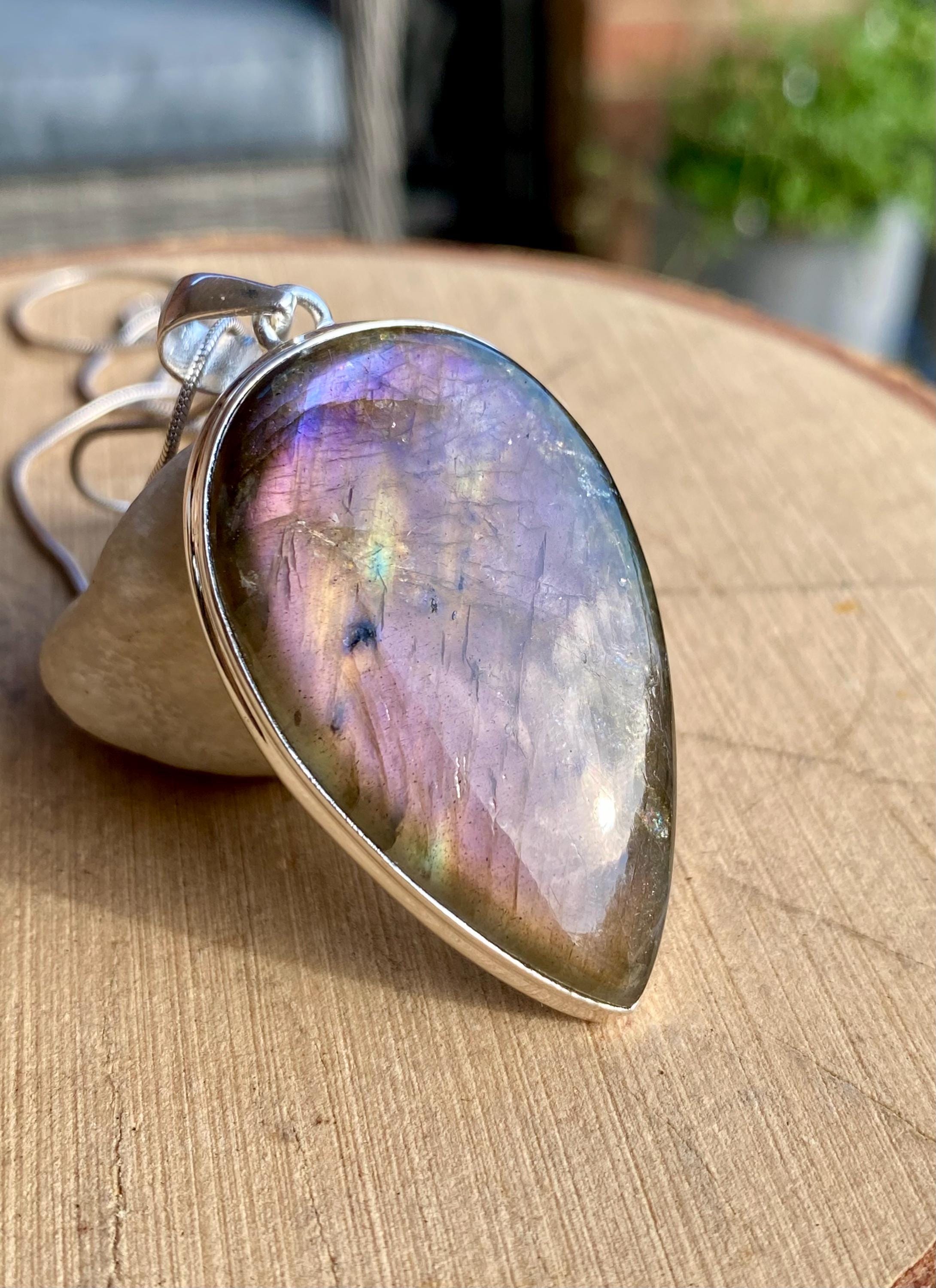 Rare Inverted Teardrop Purple Labradorite 925 Silver Pendant