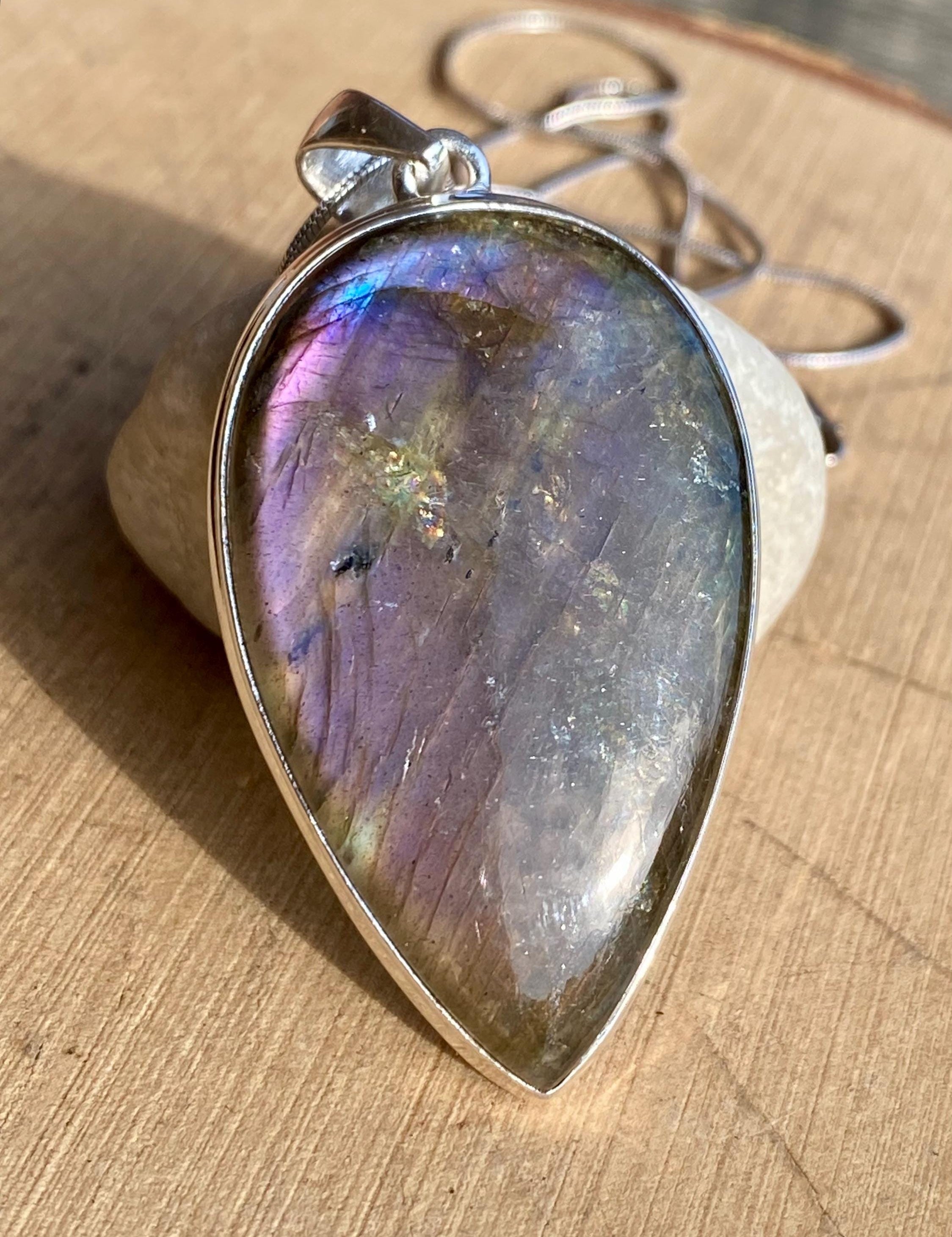 Rare Inverted Teardrop Purple Labradorite 925 Silver Pendant