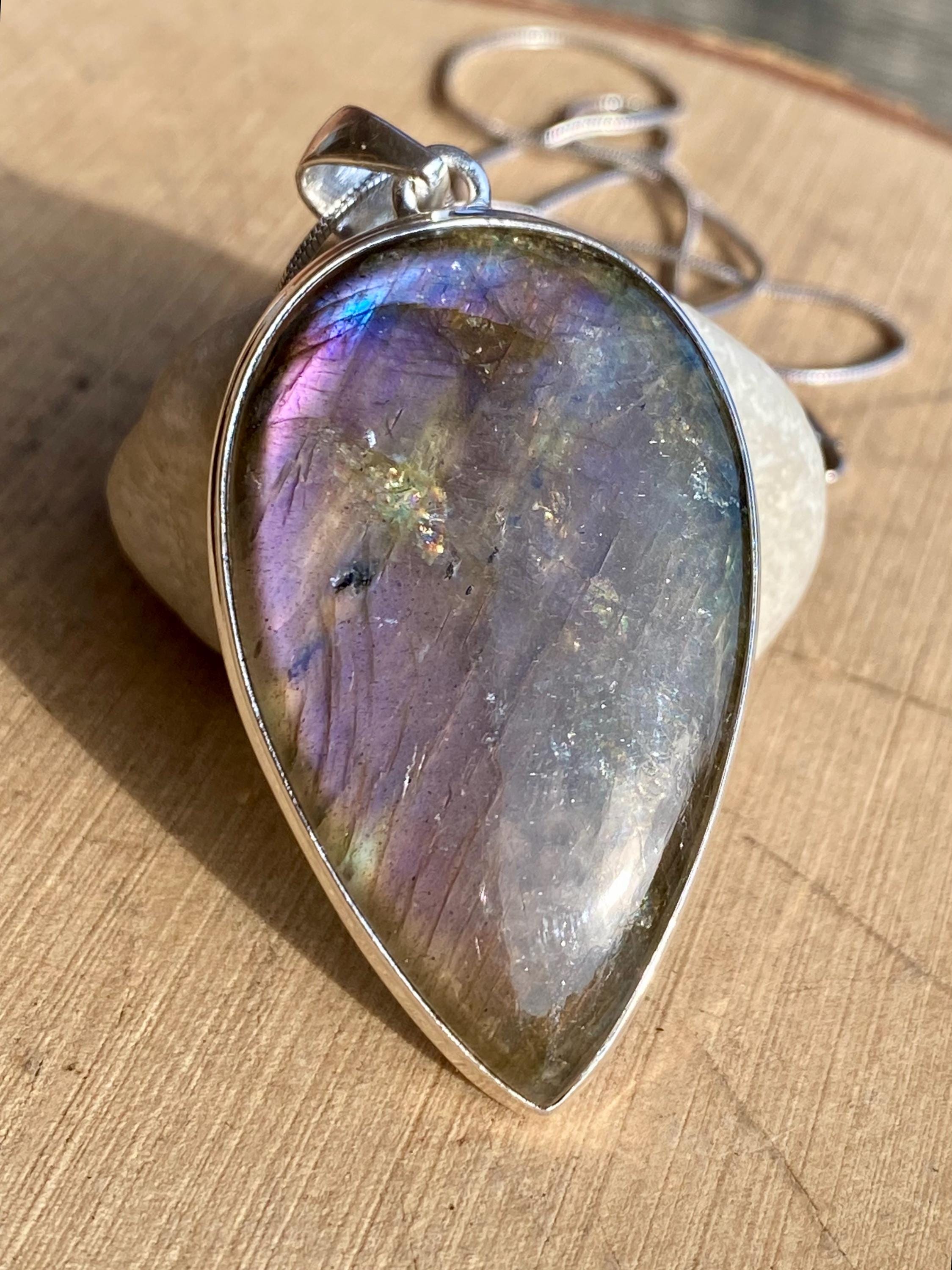 Rare Inverted Teardrop Purple Labradorite 925 Silver Pendant