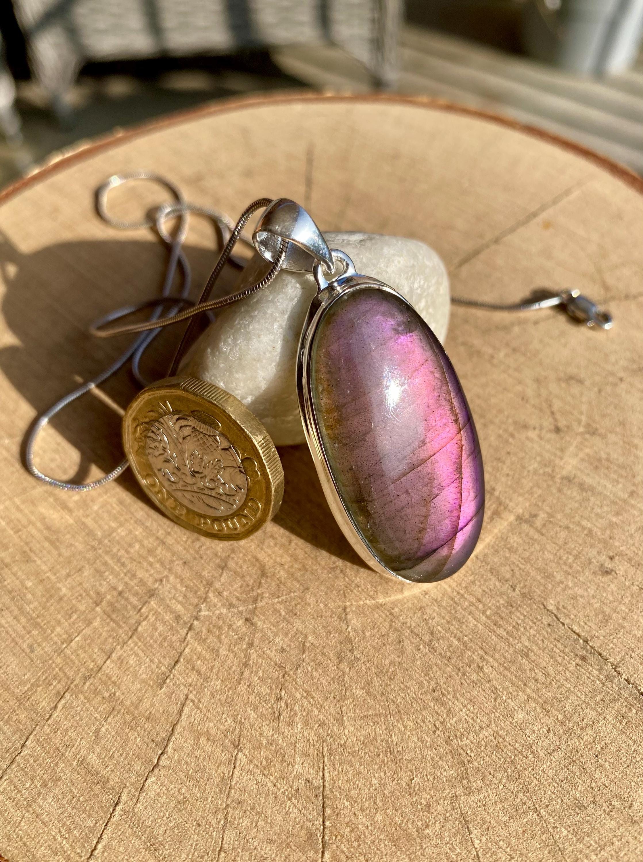 Rare Oval Purple Labradorite 925 Silver Pendant