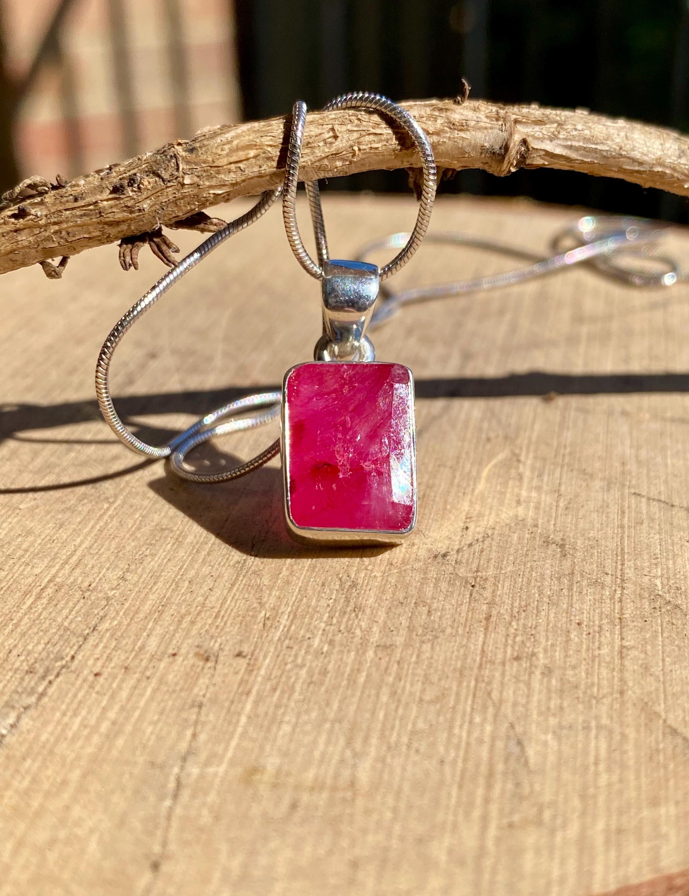 Raw Ruby Pendant: Emerald Cut Sterling Silver Necklace, July Birthstone