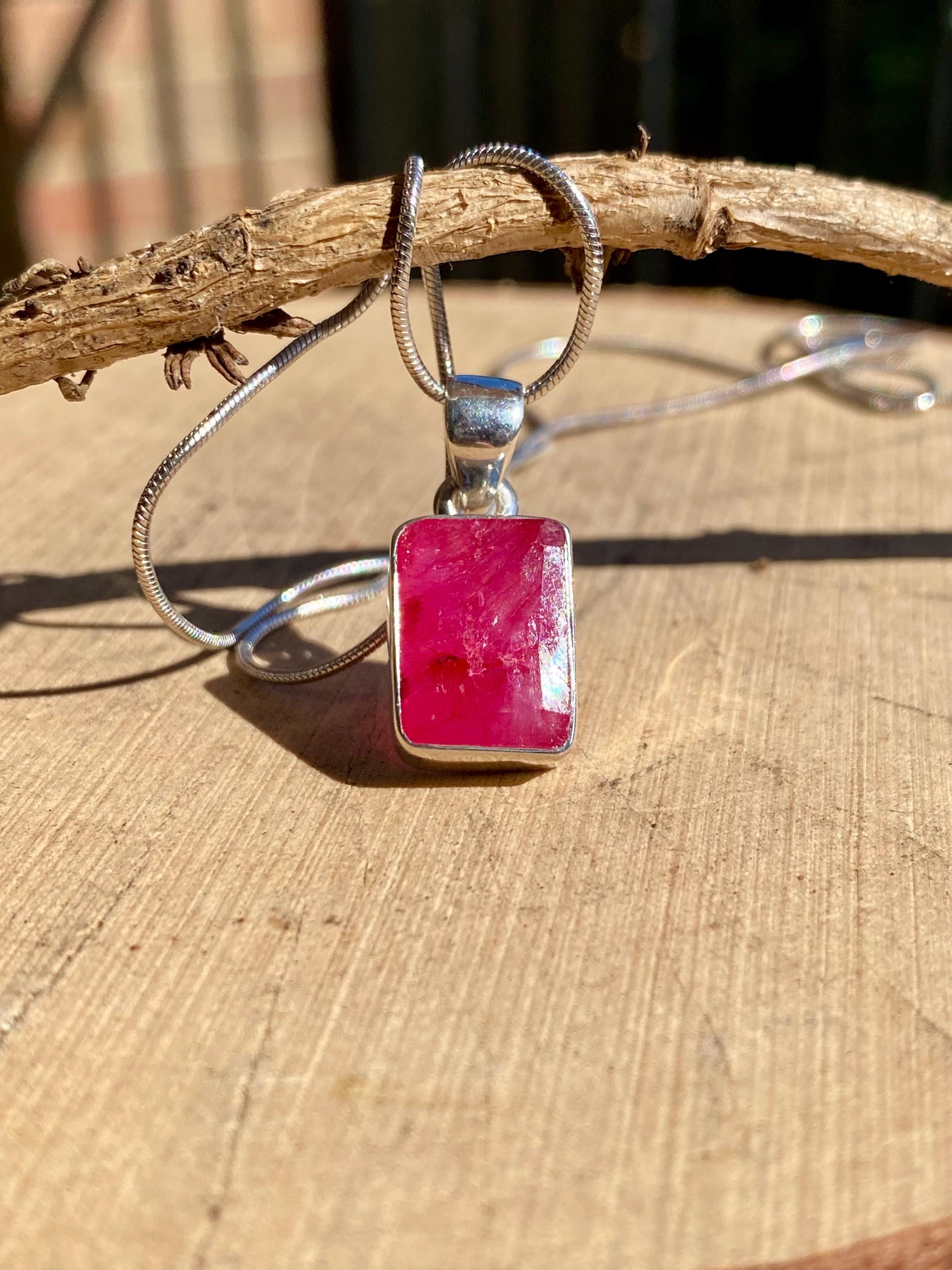 Emerald Cut Raw Ruby 925 Sterling Silver Pendant