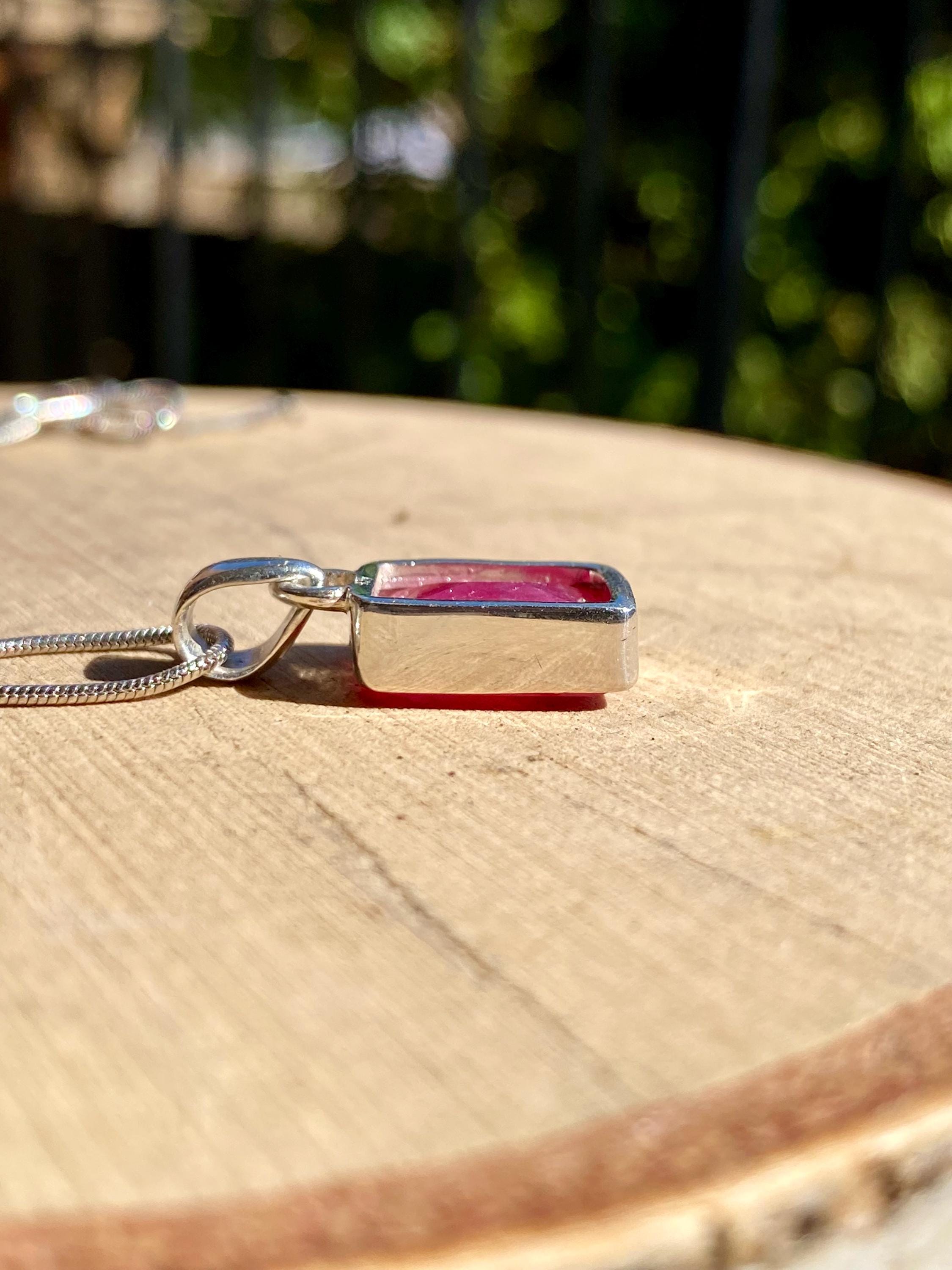 Emerald Cut Raw Ruby 925 Sterling Silver Pendant