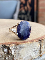 Oval Raw Sapphire 925 Sterling Silver Ring