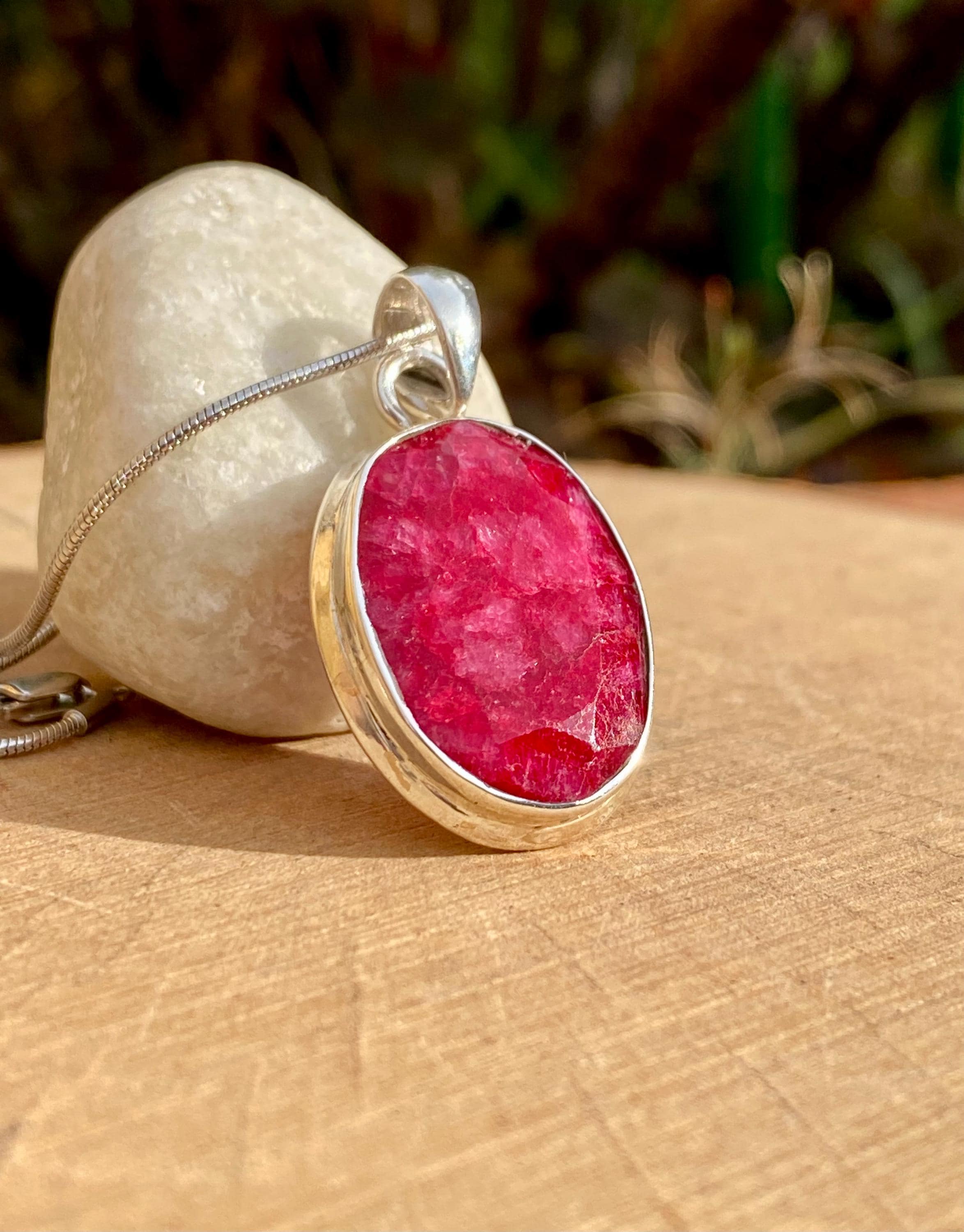 Raw Ruby 925 Sterling Silver Oval Pendant
