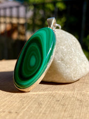Natural Malachite 925 Sterling Silver High Quality Oval Pendant