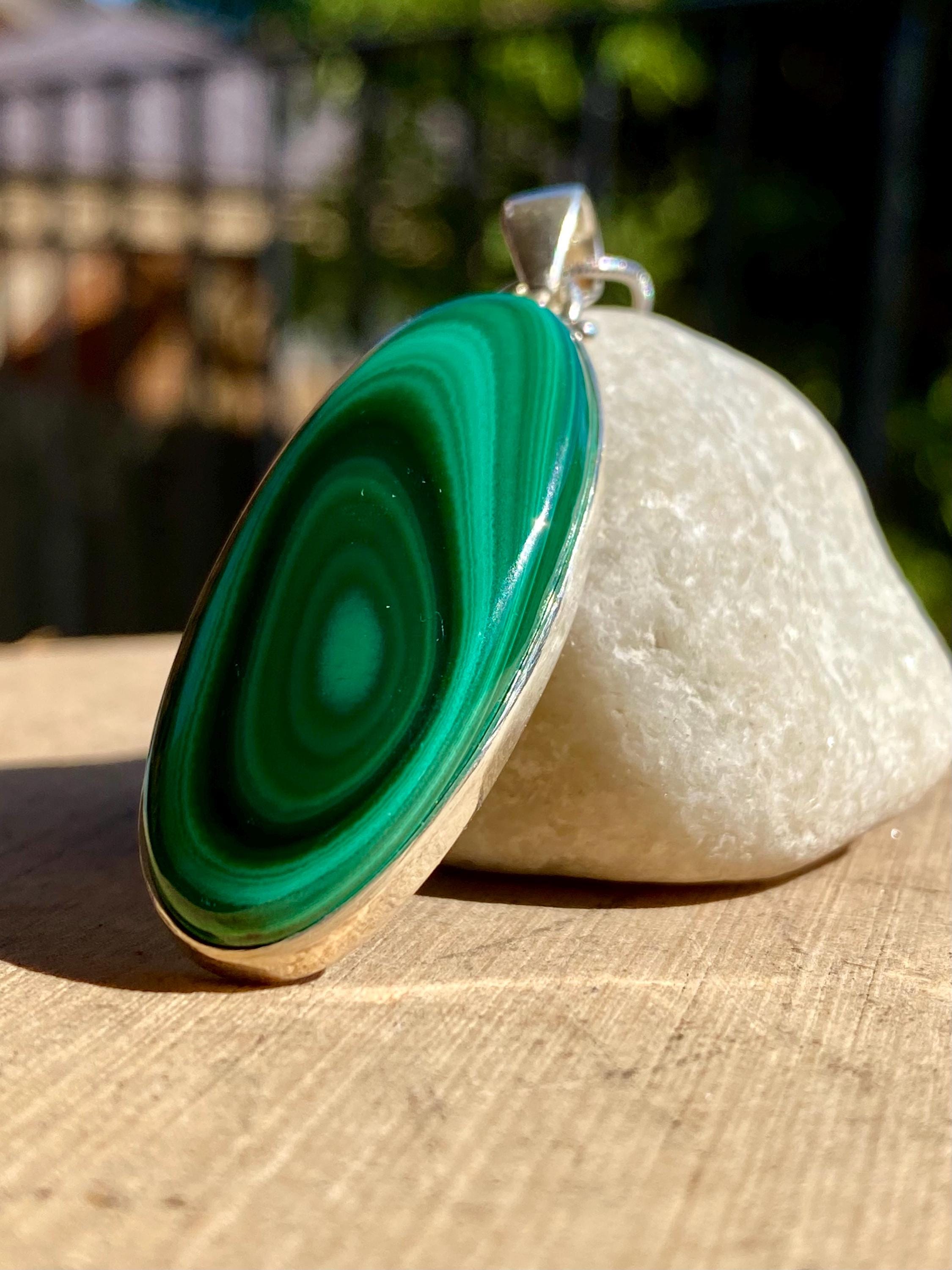 Natural Malachite 925 Sterling Silver High Quality Oval Pendant