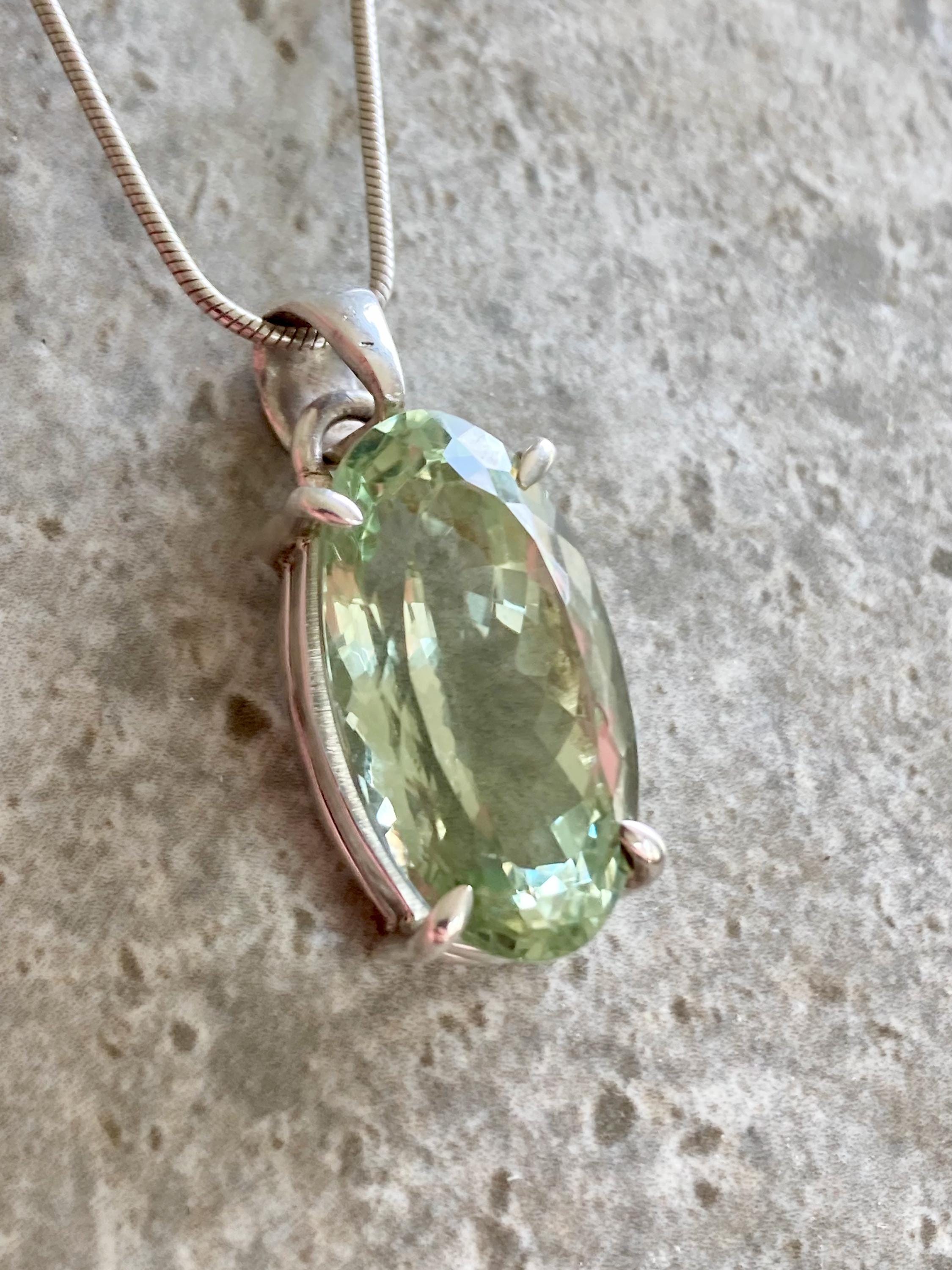 Green Amethyst (Prasiolite ) Sterling Silver Oval Pendant