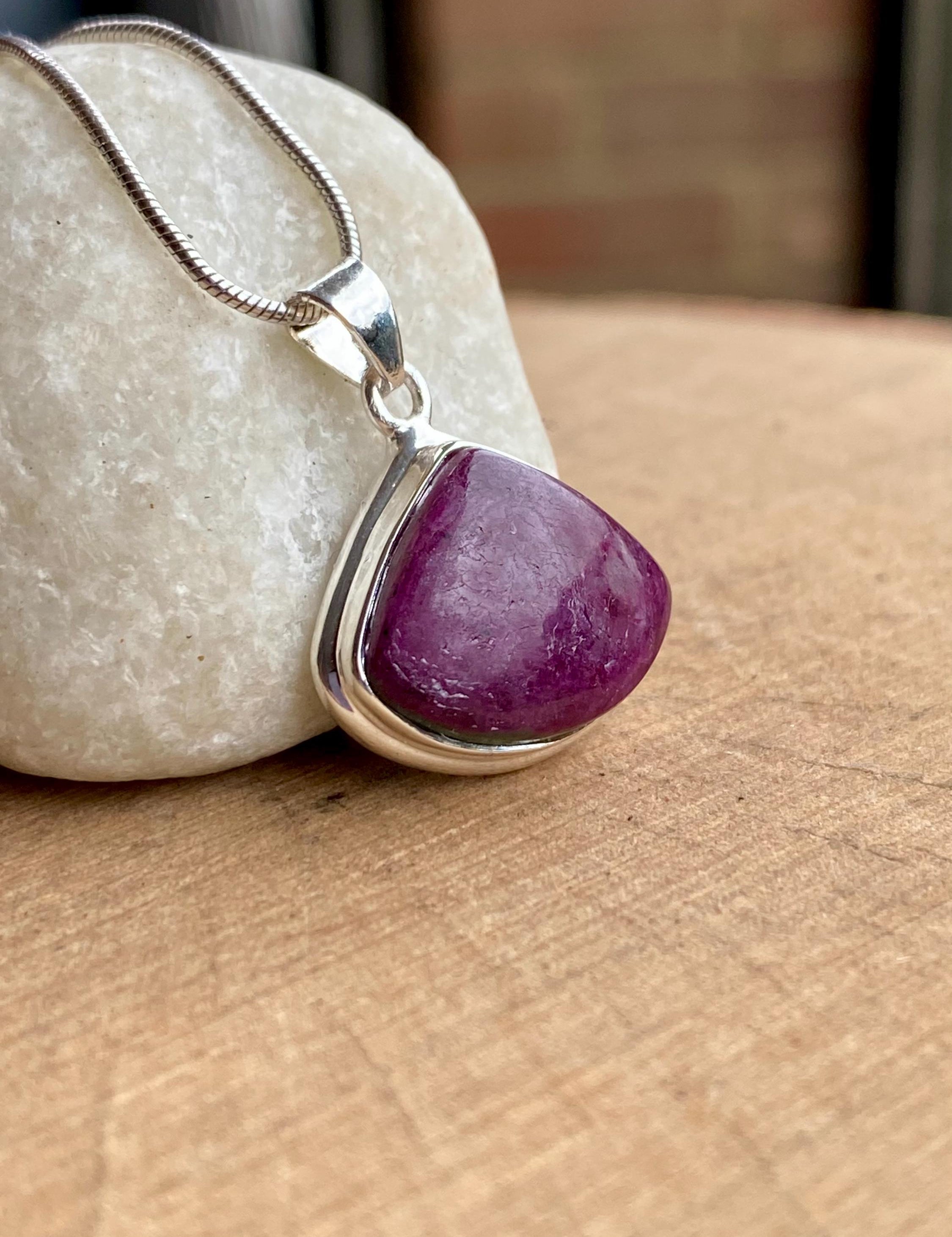 Teardrop African Ruby Pendant: Sterling Silver Necklace, July Birthstone